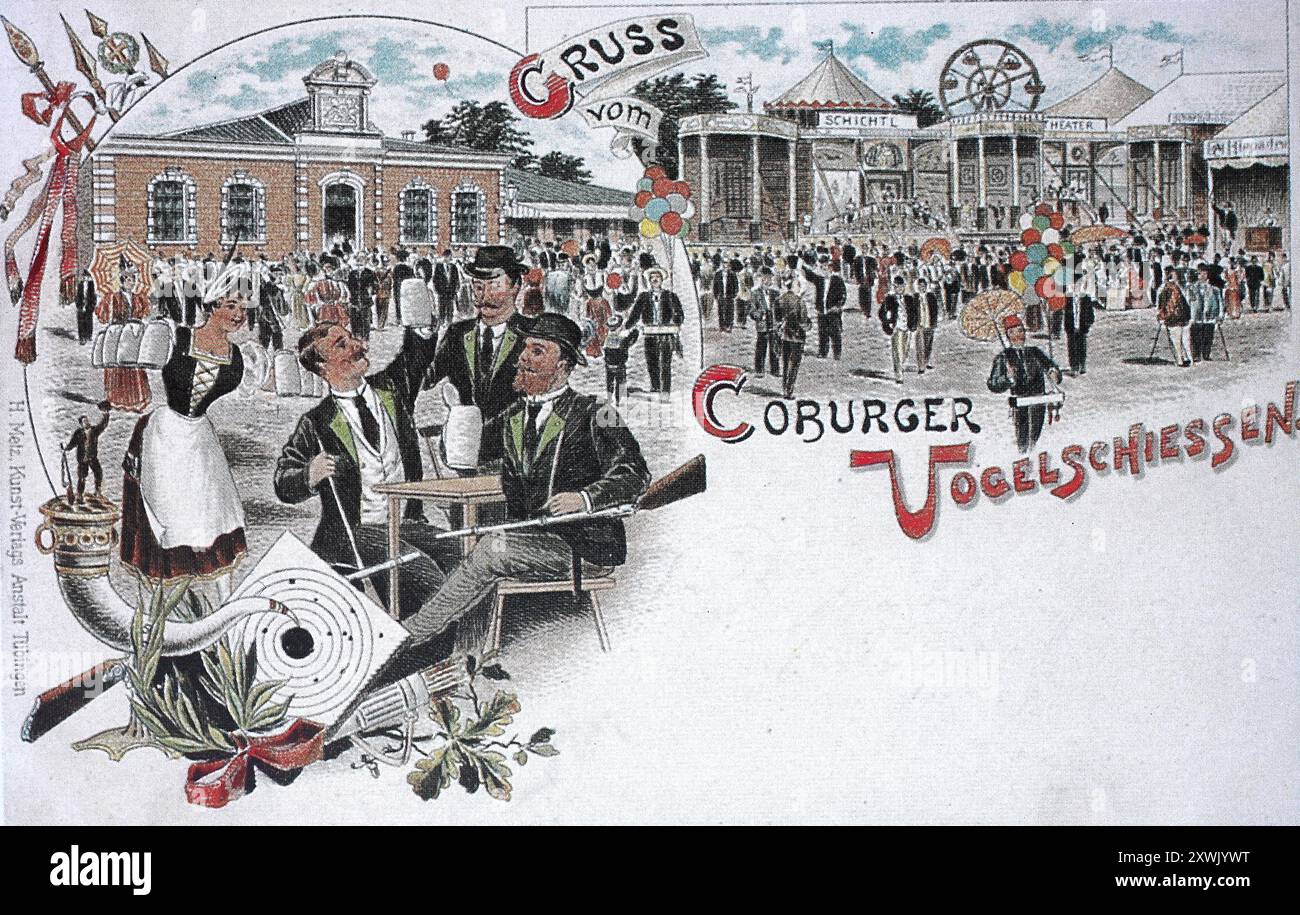 Reproduction historique, restaurée numériquement d'un original du 19ème siècle, date d'enregistrement non indiquée, carte postale pour le festival populaire Coburger Vogelschiessen 1900 à Coburg, haute-Franconie, Bavière, Allemagne, Historisch, Digital restaurierte Reproduktion von einer Vorlage aus dem 19. Jahrhundert, date du record non indiquée, Postkarte zum Volksfest Coburger Vogelschiessen 1900 in Coburg, Oberfranken, Bayern, Deutschland Banque D'Images