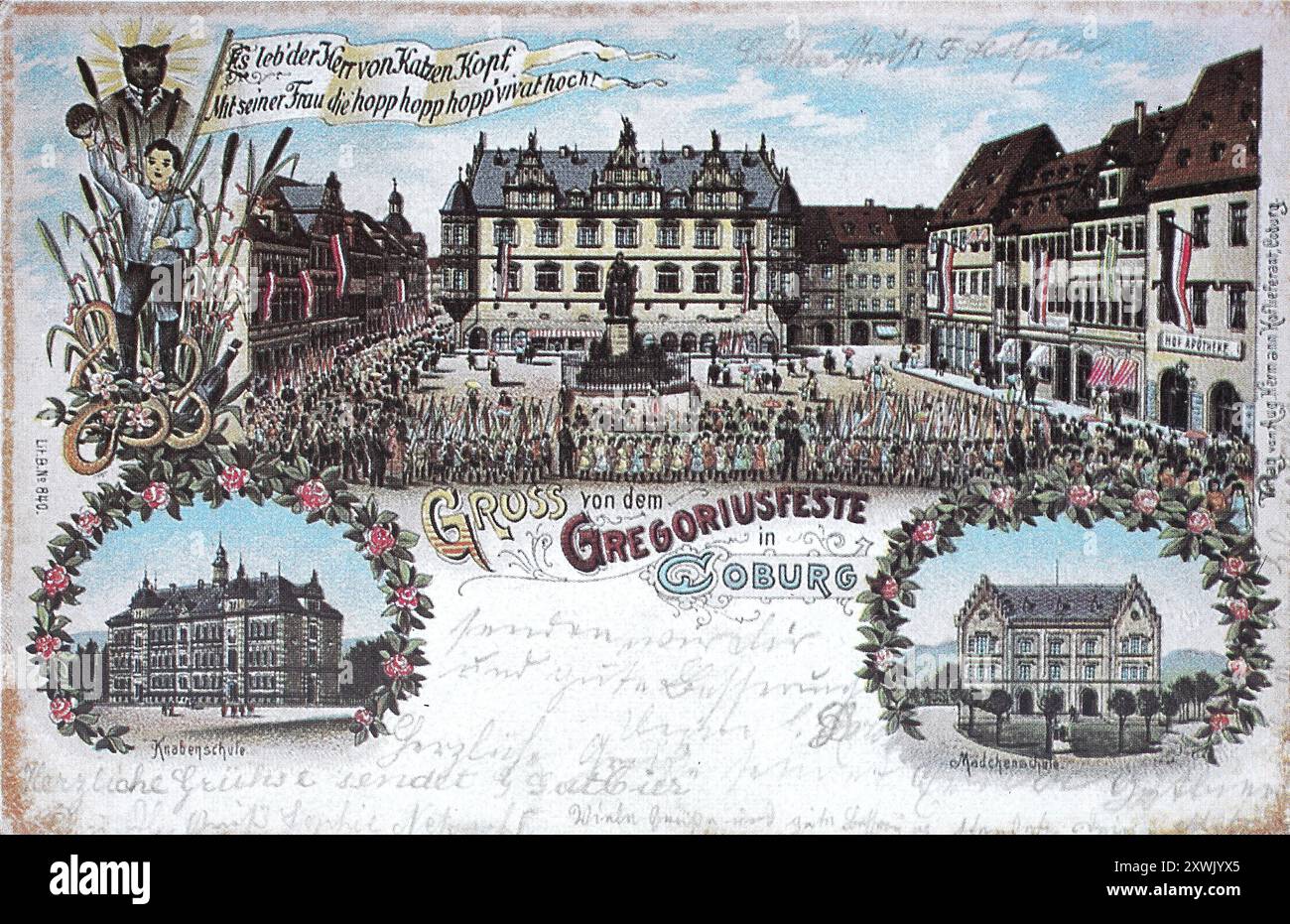 Reproduction historique, restaurée numériquement d'un original du XIXe siècle, date d'enregistrement non indiquée, carte postale à l'occasion du Gregoriusfest 1905 à Cobourg, haute-Franconie, Bavière, Allemagne, Historisch, Digital restaurierte Reproduktion von einer Vorlage aus dem 19. Jahrhundert, date du record non indiquée, Postkarte anlässlich des Gregoriusfest 1905 in Coburg, Oberfranken, Bayern, Deutschland Banque D'Images
