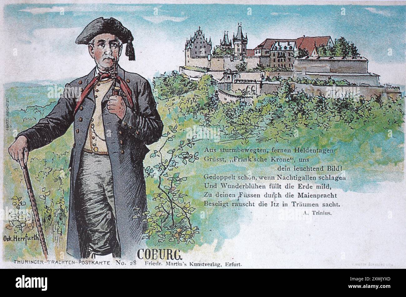 Historique, restauré numériquement reproduction d'un original du XIXe siècle, date d'enregistrement non indiquée, randonneur en costume folklorique de 1901, costume franconien, devant la Veste Cobourg, haute-Franconie, Bavière, Allemagne, Historisch, Digital restaurierte Reproduktion von einer Vorlage aus dem 19. Jahrhundert, date du document non indiquée, Wanderer in der Volkstracht von 1901, Fränkische Tracht, vor der Veste Coburg, Oberfranken, Bayern, Deutschland Banque D'Images