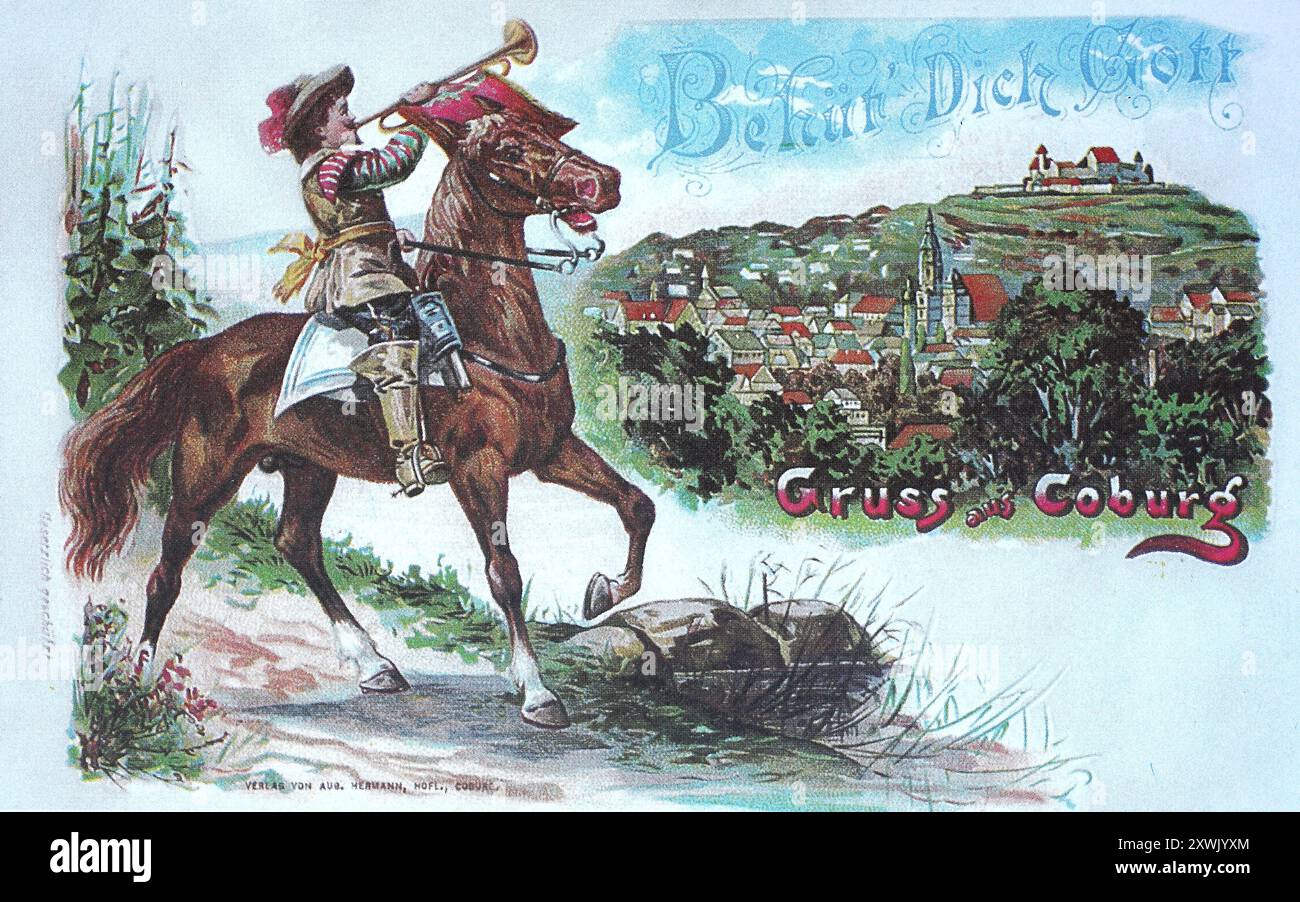 Reproduction historique, restaurée numériquement à partir d'un original du 19ème siècle, date record non indiquée, cavalier de poste à cheval avec une fanfare vers 1900, sur fond de, Cobourg, haute-Franconie, Bavière, Allemagne, Historisch, digital restaurierte Reproduktion von einer Vorlage aus dem 19. Jahrhundert, date du document non indiquée, Postreiter zu Pferde mit einer Fanfare um 1900, vor der Kulisse von, Oberfranken, Bayern, Deutschland Banque D'Images