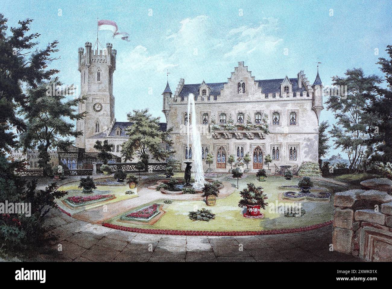 Historique, restauré numériquement reproduction d'un original du 19ème siècle, date d'enregistrement non indiquée, la terrasse vers 1860, Château de Callenberg, Cobourg, haute-Franconie, Bavière, Allemagne, Historisch, digital restaurierte Reproduktion von einer Vorlage aus dem 19. Jahrhundert, Die terrasse um 1860, Schloß Callenberg, Oberfranken, Bayern, Deutschland Banque D'Images