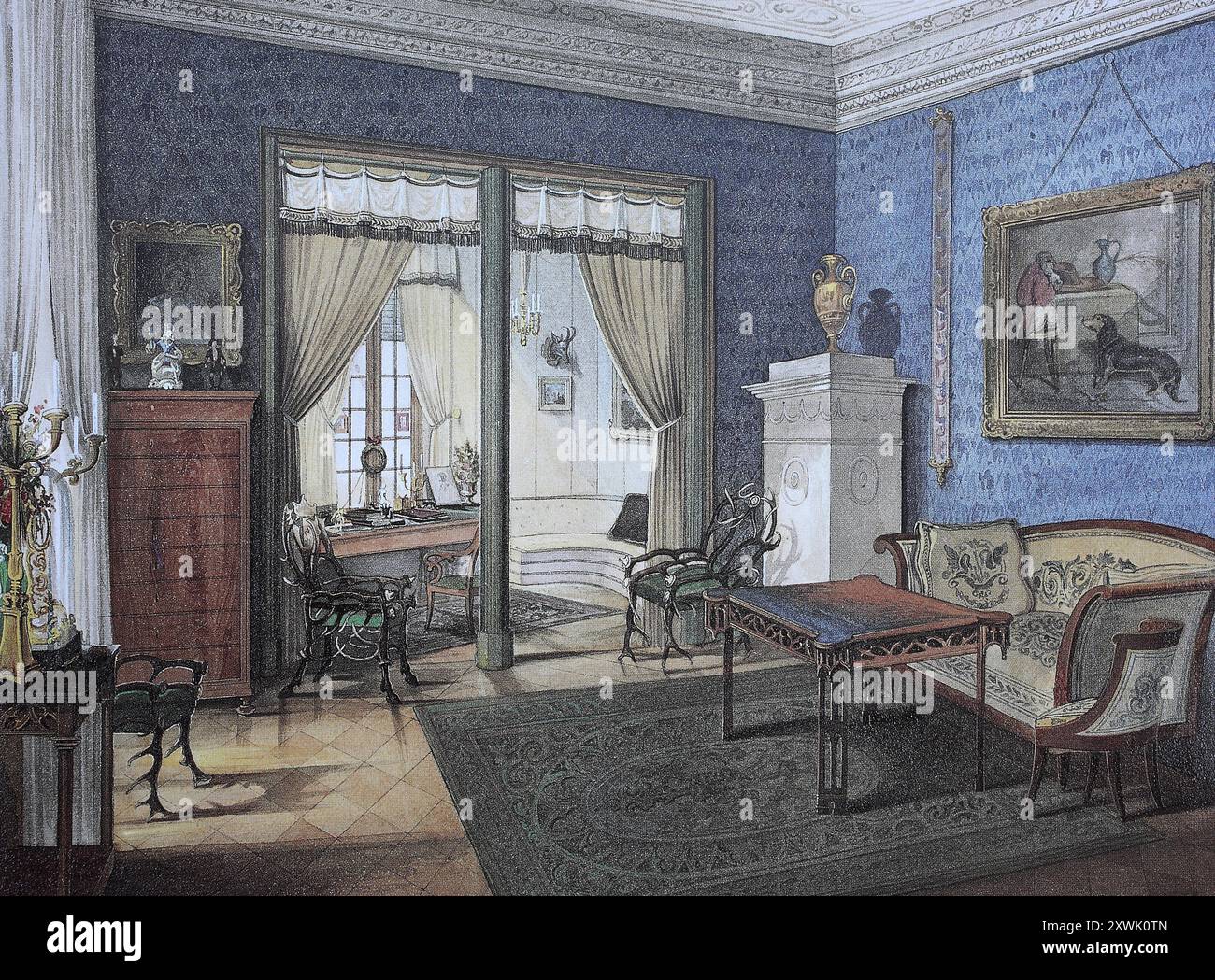 Reproduction historique, restaurée numériquement à partir d'un original du XIXe siècle, date d'enregistrement non indiquée, salon du duc de Château Callenberg, 1845, Cobourg, haute-Franconie, Bavière, Allemagne, Historisch, digital restaurierte Reproduktion von einer Vorlage aus dem 19. Jahrhundert, Wohnzimmer des Herzog von Schloß Callenberg, Oberfranken, Bayern, Deutschland Banque D'Images