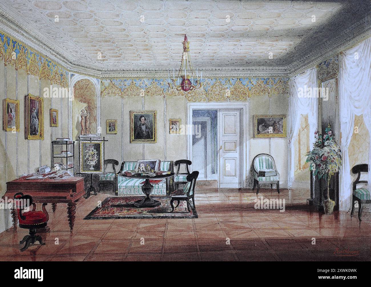 Reproduction historique, restaurée numériquement à partir d'un original du XIXe siècle, date d'enregistrement non indiquée, salon de la reine Victoria, château de Rosenau, 1845, Cobourg, haute-Franconie, Bavière, Allemagne, Historisch, digital restaurierte Reproduktion von einer Vorlage aus dem 19. Jahrhundert, Wohnzimmer der Königin Victoria, Schloß Rosenau, Oberfranken, Bayern, Deutschland Banque D'Images