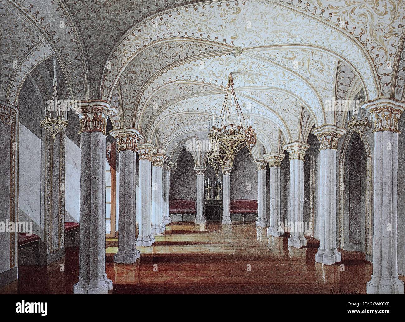 Reproduction historique, restaurée numériquement à partir d'un original du XIXe siècle, date d'enregistrement non indiquée, salle de marbre du château de Rosenau, 1845, Cobourg, haute-Franconie, Bavière, Allemagne, Historisch, digital restaurierte Reproduktion von einer Vorlage aus dem 19. Jahrhundert, Marmorsaal des Schloß Rosenau, Oberfranken, Bayern, Deutschland Banque D'Images