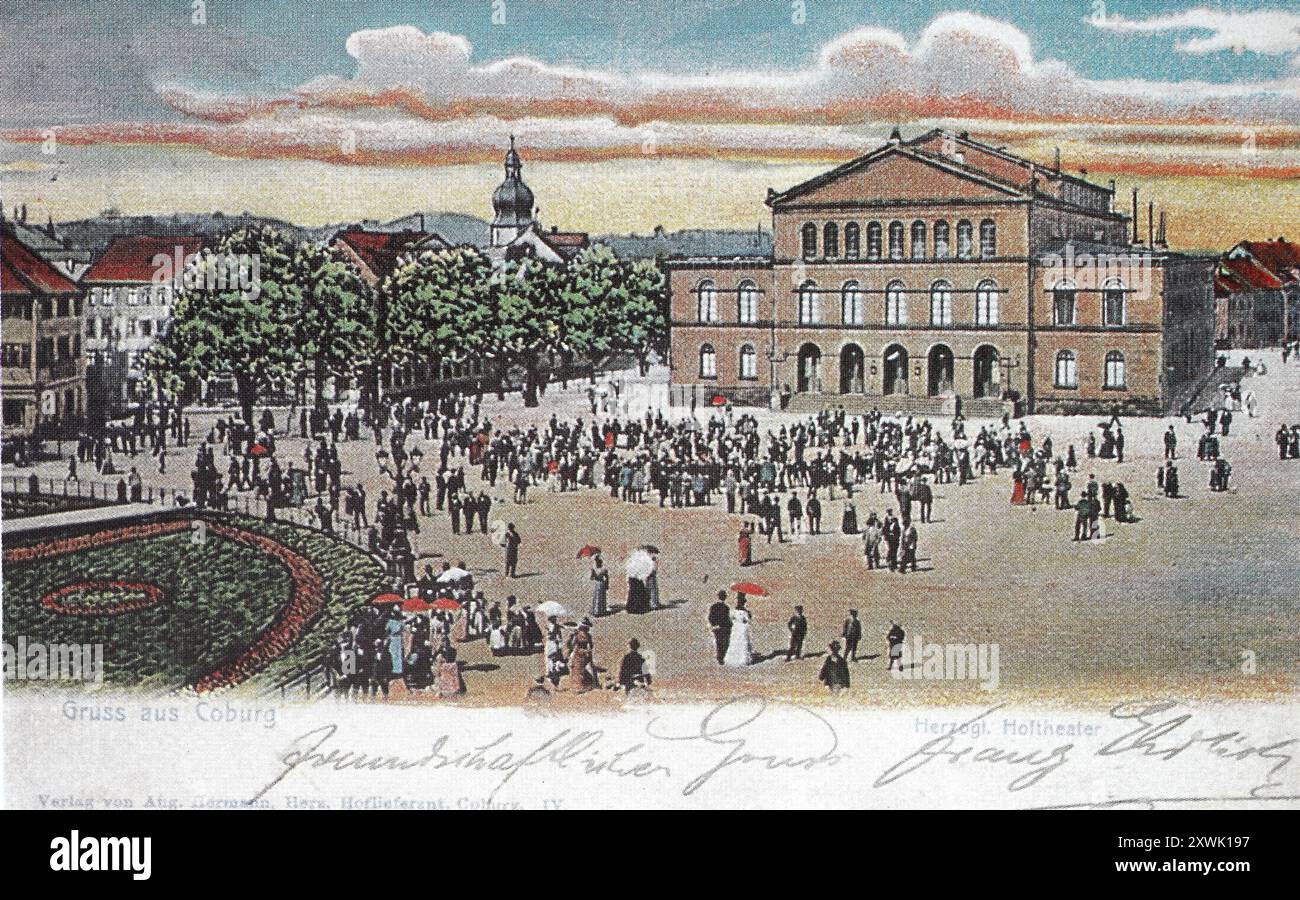 Historique, restauré numériquement reproduction d'un original du 19ème siècle, date d'enregistrement non indiquée, concert en plein air sur la place du château en face du théâtre de la cour, 1905, Cobourg, haute-Franconie, Bavière, Allemagne, Historisch, digital restaurierte Reproduktion von einer Vorlage aus dem 19. Jahrhundert, Standkonzert auf dem Schloßplatz vor dem Hofthater, Oberfranken, Bayern, Deutschland Banque D'Images
