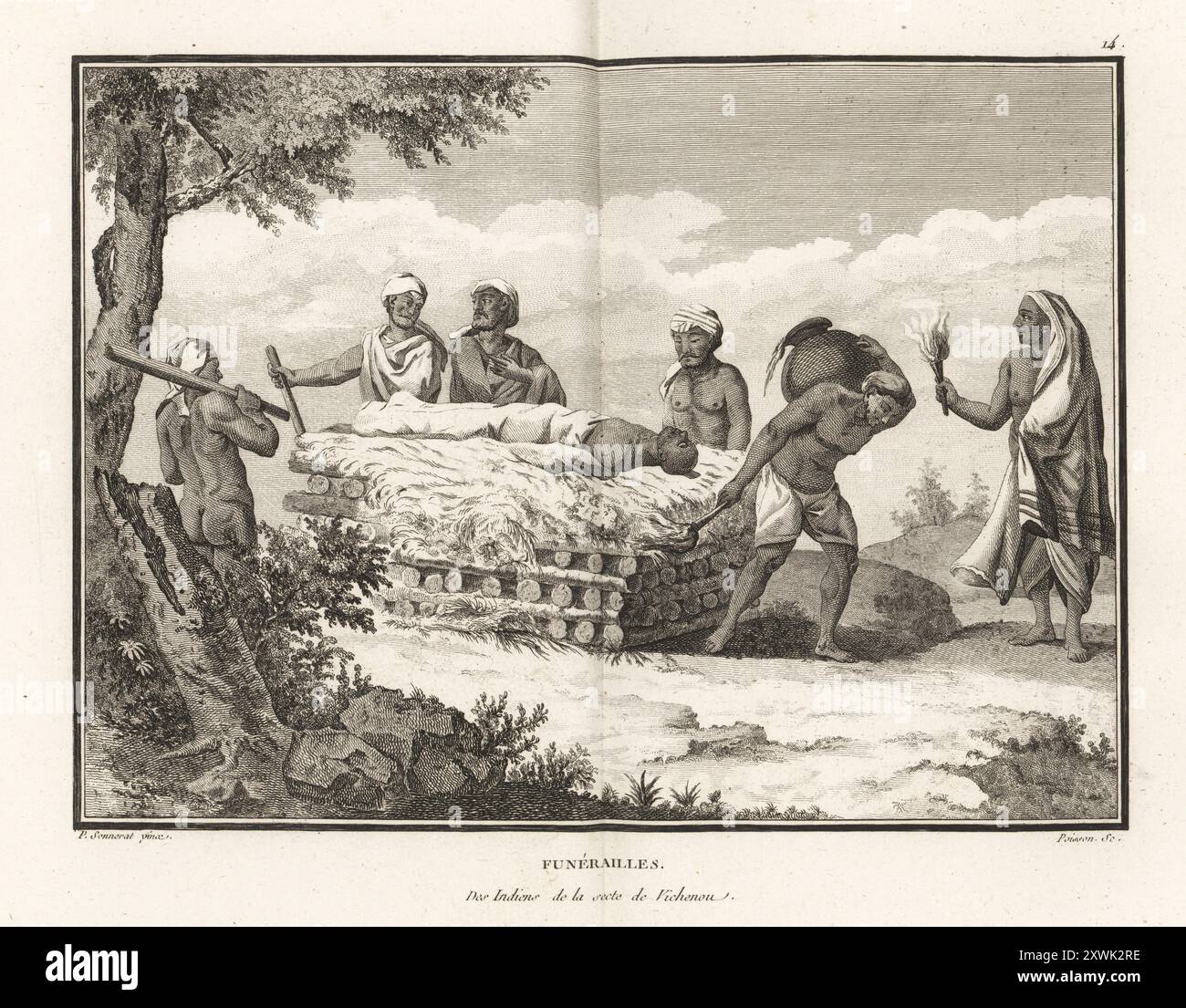 Funérailles pour un homme de la secte Vishnu en Inde. Le corps repose sur un bûcher funéraire entouré de membres de la famille en deuil. Un préposé allume le bûcher avec une torche tout en tenant un vase d'eau sur son épaule. Funérailles des Indiens de la secte de Vichenou. Gravure sur cuivre de Jean-Baptiste Marie poisson d'après une illustration de Pierre Sonnerat tirée de son voyage aux Indes orientales et à la Chine (voyage aux Indes orientales et en Chine, Dentu, Paris, 1806). Banque D'Images