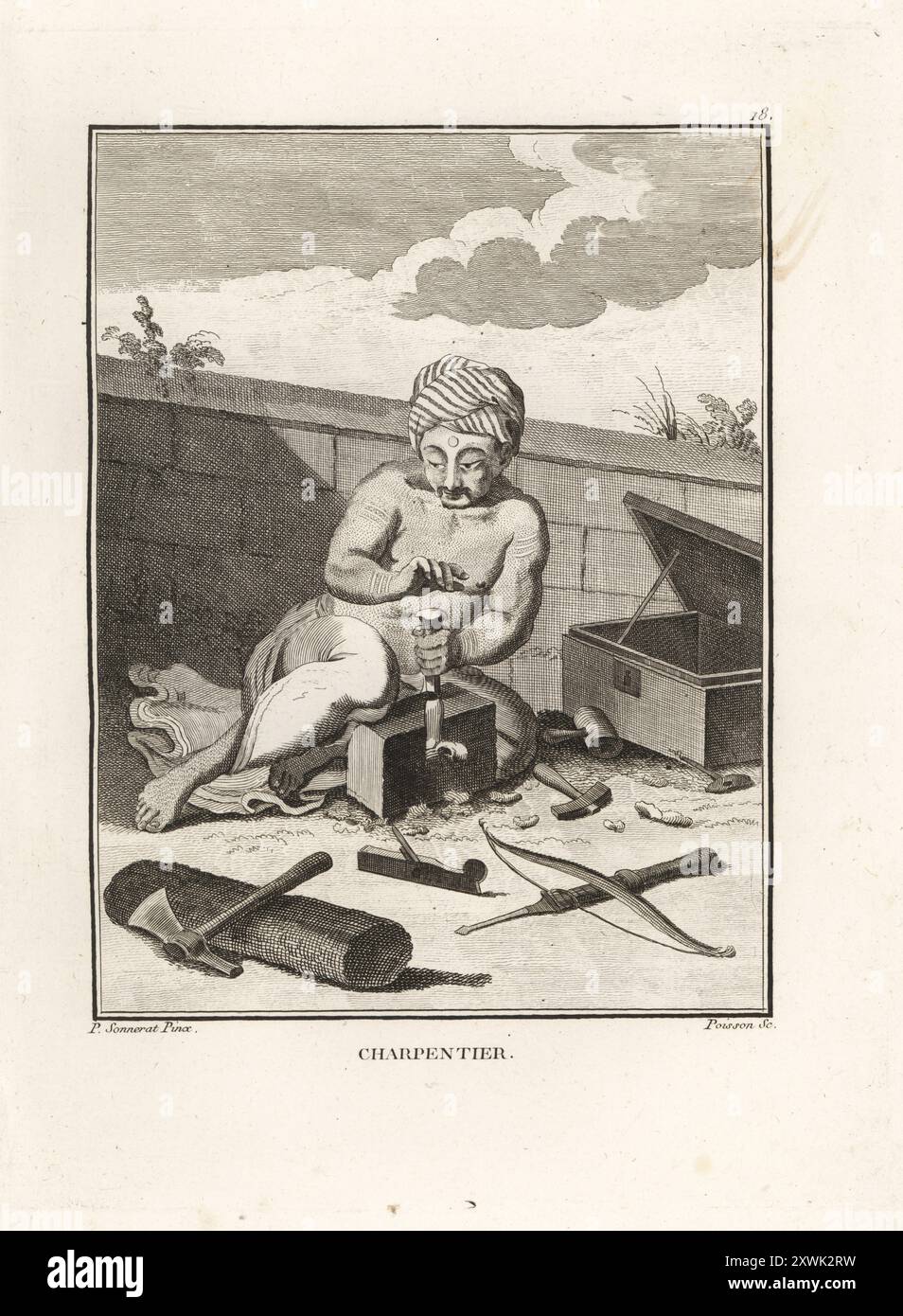 Charpentier indien avec ses outils, XVIIIe siècle. Homme en turban et dhoti travaillant avec un ciseau. Une hache, maillet, marteau, avion, attelle et mèche, et d'autres outils reposent sur le sol à côté de sa boîte à outils. Charpentier. Gravure sur cuivre de Jean-Baptiste Marie poisson d'après une illustration de Pierre Sonnerat tirée de son voyage aux Indes orientales et à la Chine (voyage aux Indes orientales et en Chine, Dentu, Paris, 1806). Banque D'Images