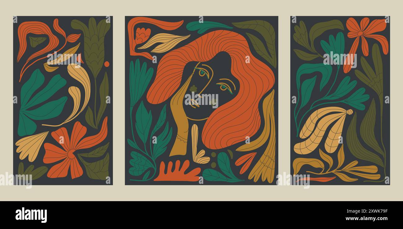 Vecteur femme et fleurs rétro illustration, design moderne floral boho. Portrait des affiches féminines, feuilles imprimées. Illustration de Vecteur