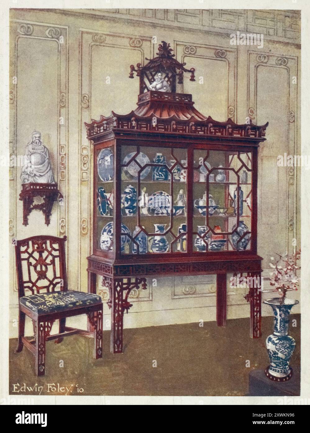 Möbel um die Jahrhundertwende 1900, Geschnitztes Porzellangehäuse im chinesischen Stil Chippendales (1910 - 1911), affaire de la Chine sculptée à la manière chinoise de Chippendale (1910 - 1911).jpg Banque D'Images