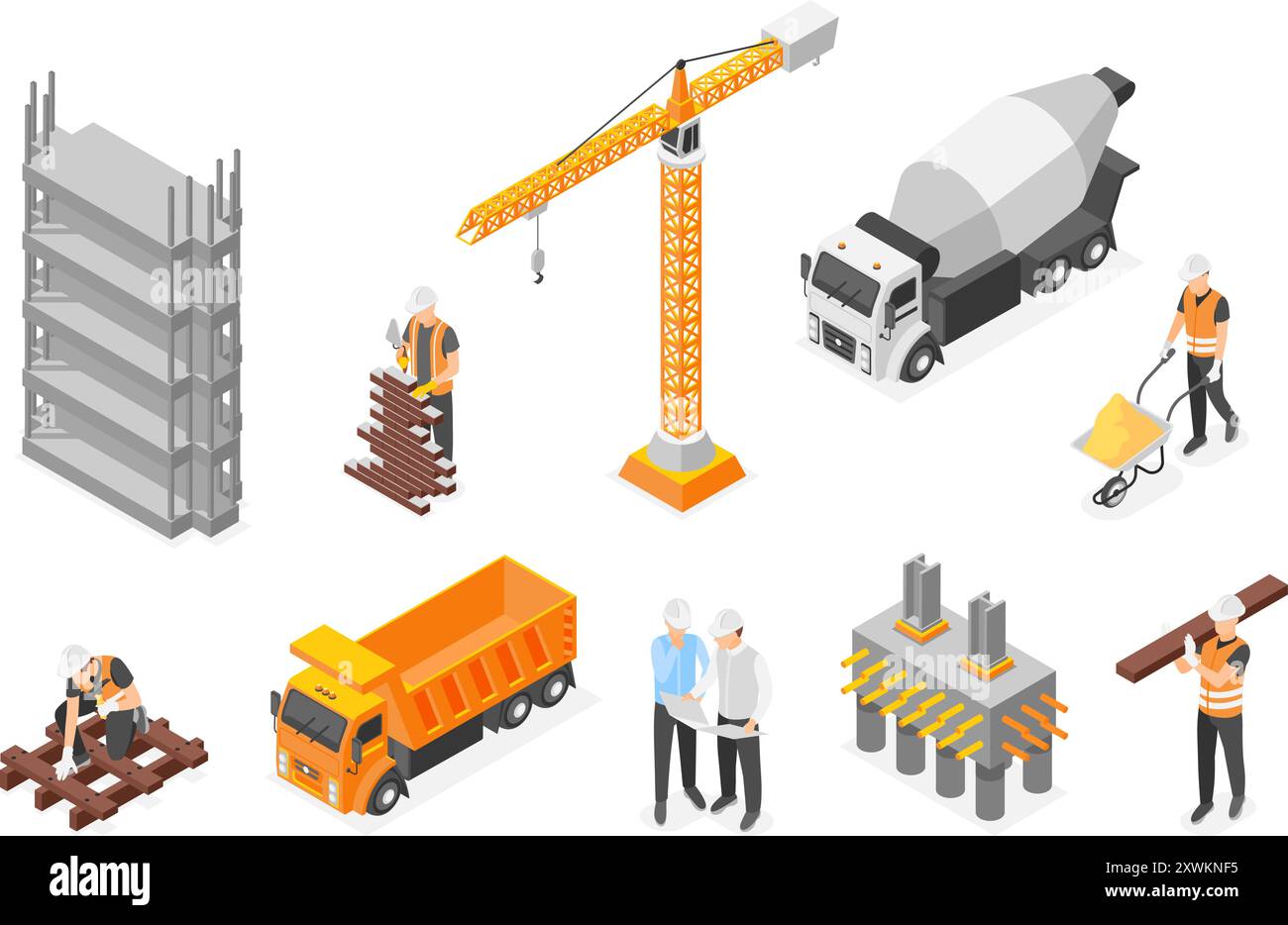 Procédé de construction isométrique. Constructions de bâtiments, constructeurs avec équipement et outils. Ouvriers en transport uniforme et spécial, vecteur sans faille Illustration de Vecteur