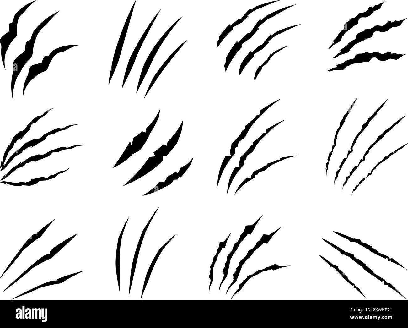Griffes noires. Marques noires de chats tigre lion ou animaux sauvages. Bords déchirés de papier, griffes de monstres imprimés et traces, clipart vectoriel néotérique Illustration de Vecteur