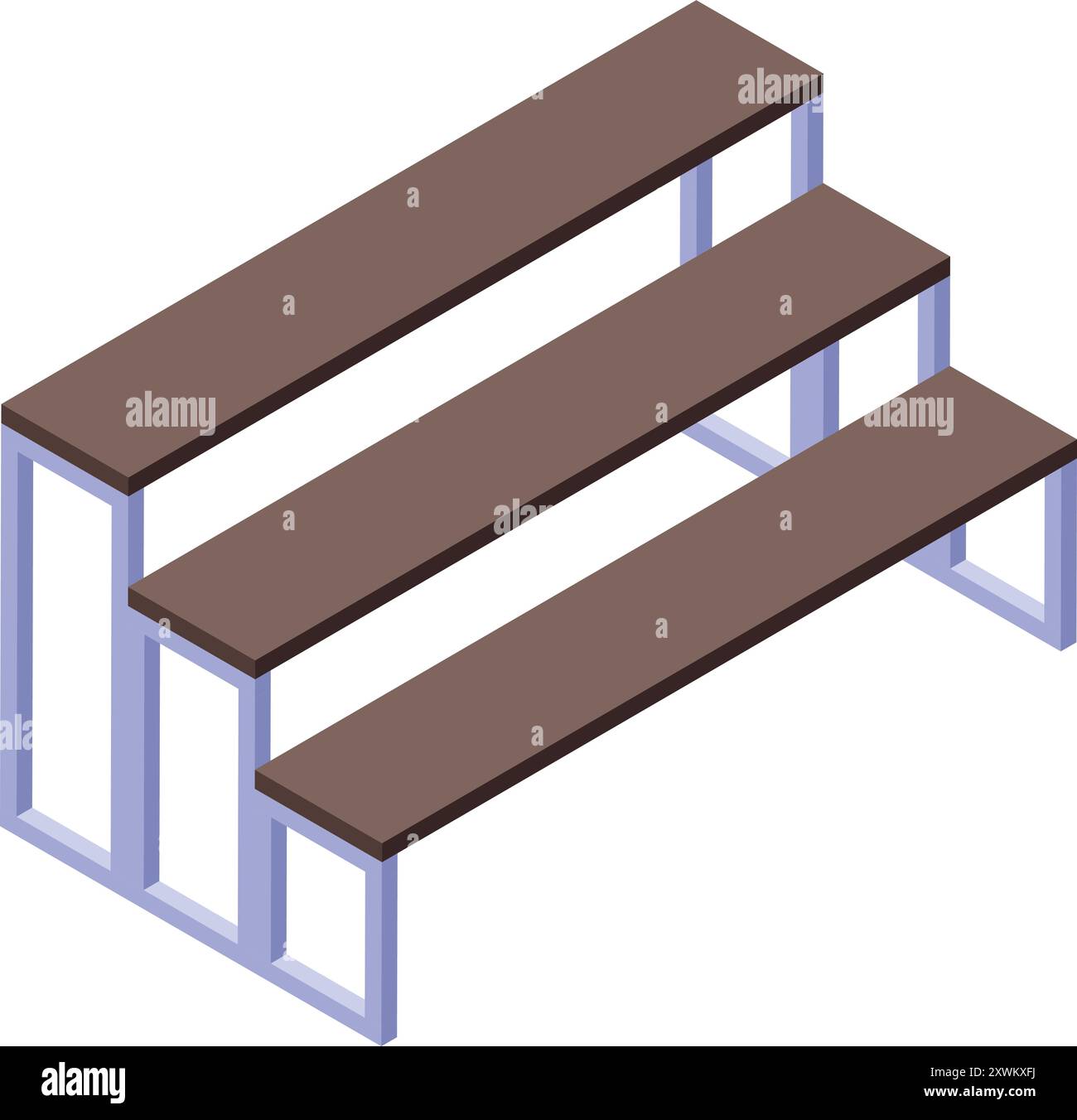 Trois banquettes vides avec surface en bois brun et cadre en métal argenté forment des rangées ascendantes Illustration de Vecteur