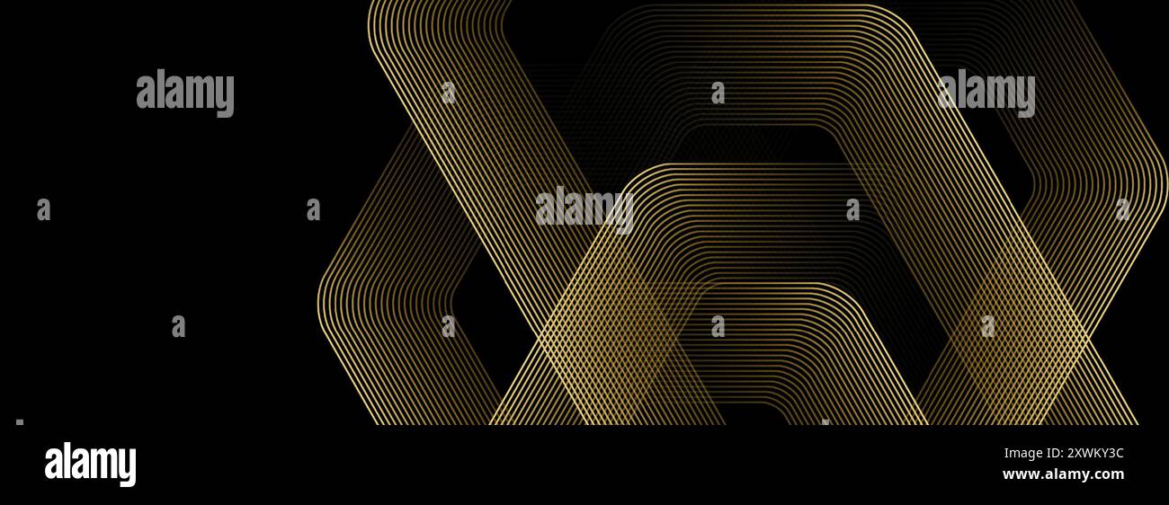 Lignes hexagonales dorées abstraites sur fond noir. Design d'art de ligne de bande géométrique pour affiche, brochure, couverture, site Web, bannière Illustration de Vecteur