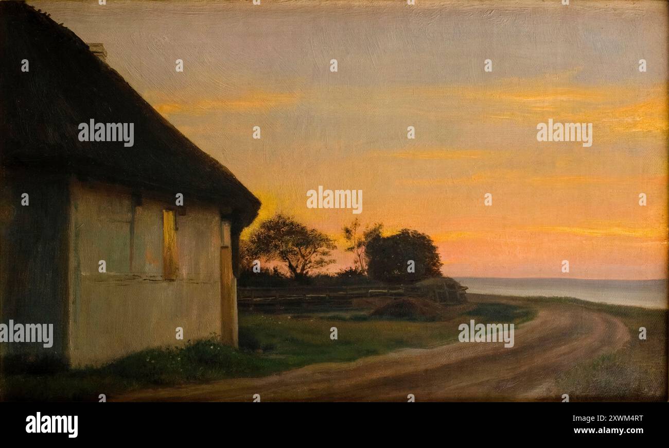 Carl Bloch, paysage du soir avec une maison et un jardin en bord de mer, Ellekilde, tableau 1880 Banque D'Images