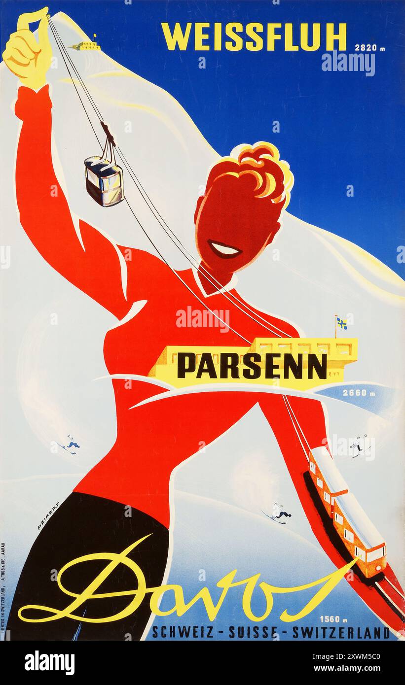 Affiche de voyage vintage suisse par Martin Peikert - Weissfluh - ski Winter Sport, Davos Parsenn, 1957 - Schweiz, Suisse, Suisse Banque D'Images