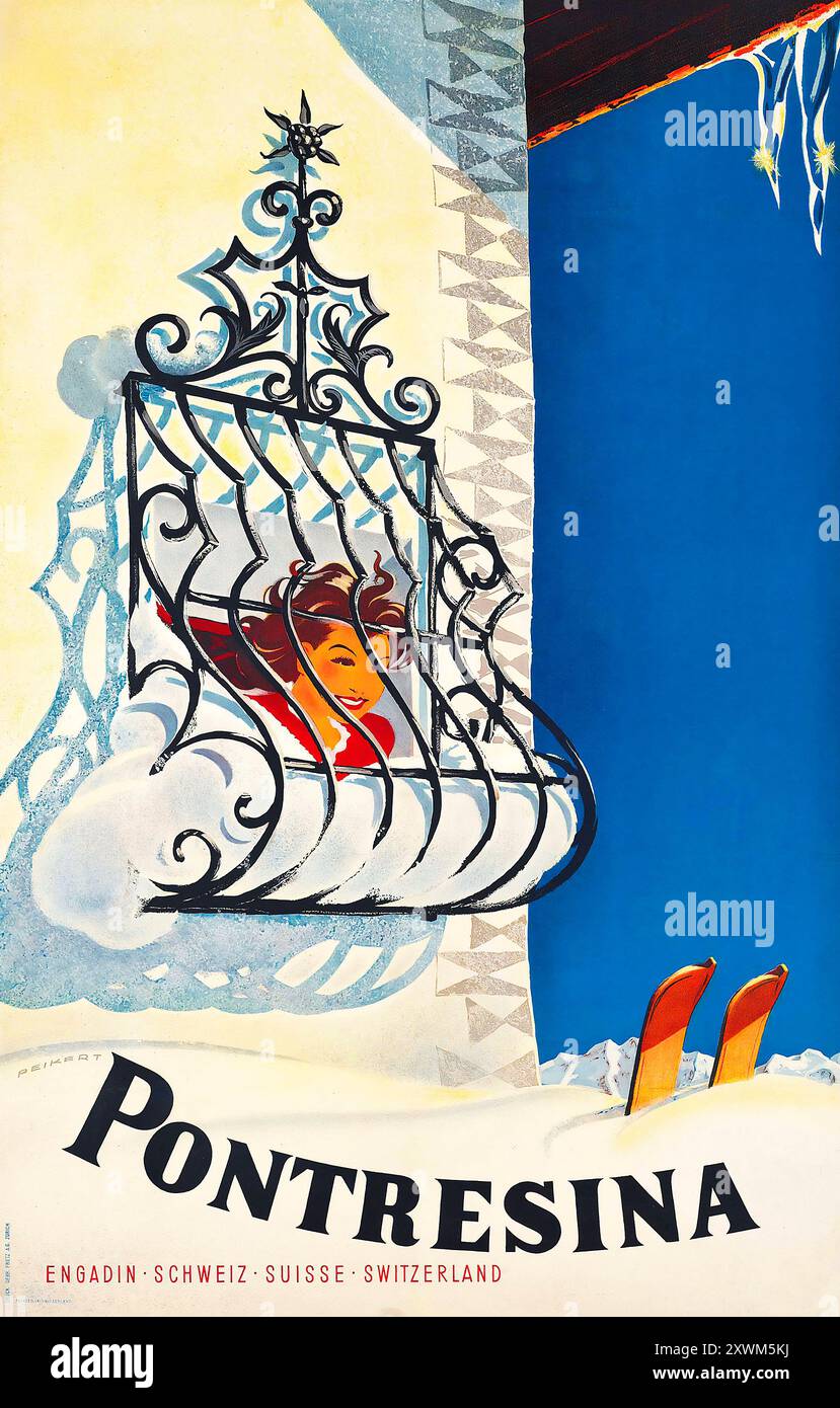 Pontresina Engadin, affiche de voyage vintage de Martin Peikert feat a Woman Neigned In - c 1946 - Winter Sport, Schweiz, Suisse, Suisse Banque D'Images