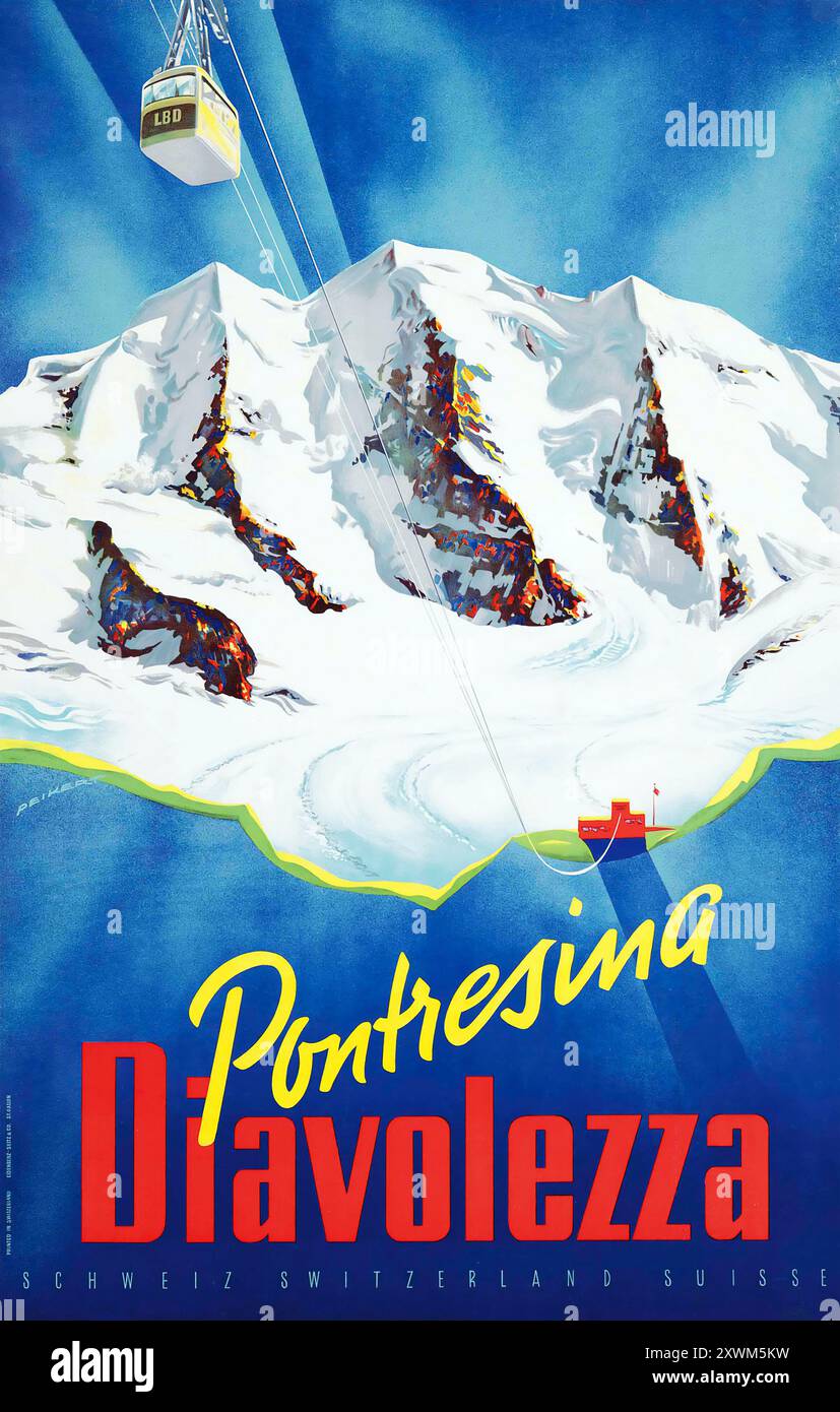 Pontresina Diavolezza, affiche de voyage vintage de Martin Peikert feat alpes et une remontée mécanique -1960 - Sport d'hiver, Schweiz, Suisse, Suisse Banque D'Images