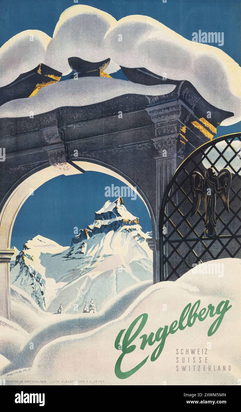Engelberg, Schweiz, Suisse, affiche de voyage Suisse, Sport d'hiver, affiche vintage de Martin Peikert, 1952 Banque D'Images