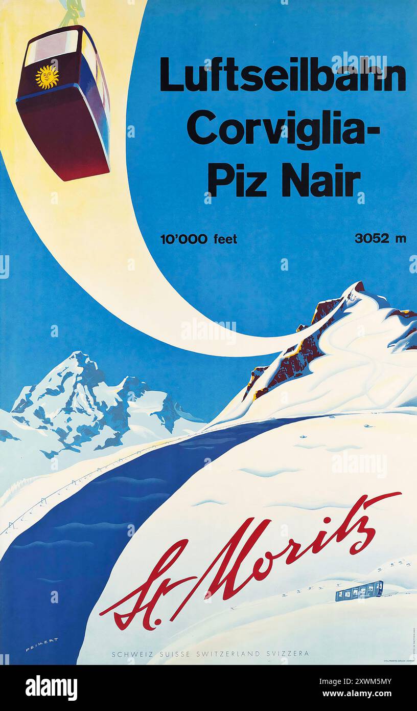 ---- Aerial Cableway (luftseilbahn) Swiss Vintage Travel Poster by Martin Peikert - préparé Moritz, Corviglia Piz Nair, 1955, ski lift - Schweiz, Suisse, Banque D'Images