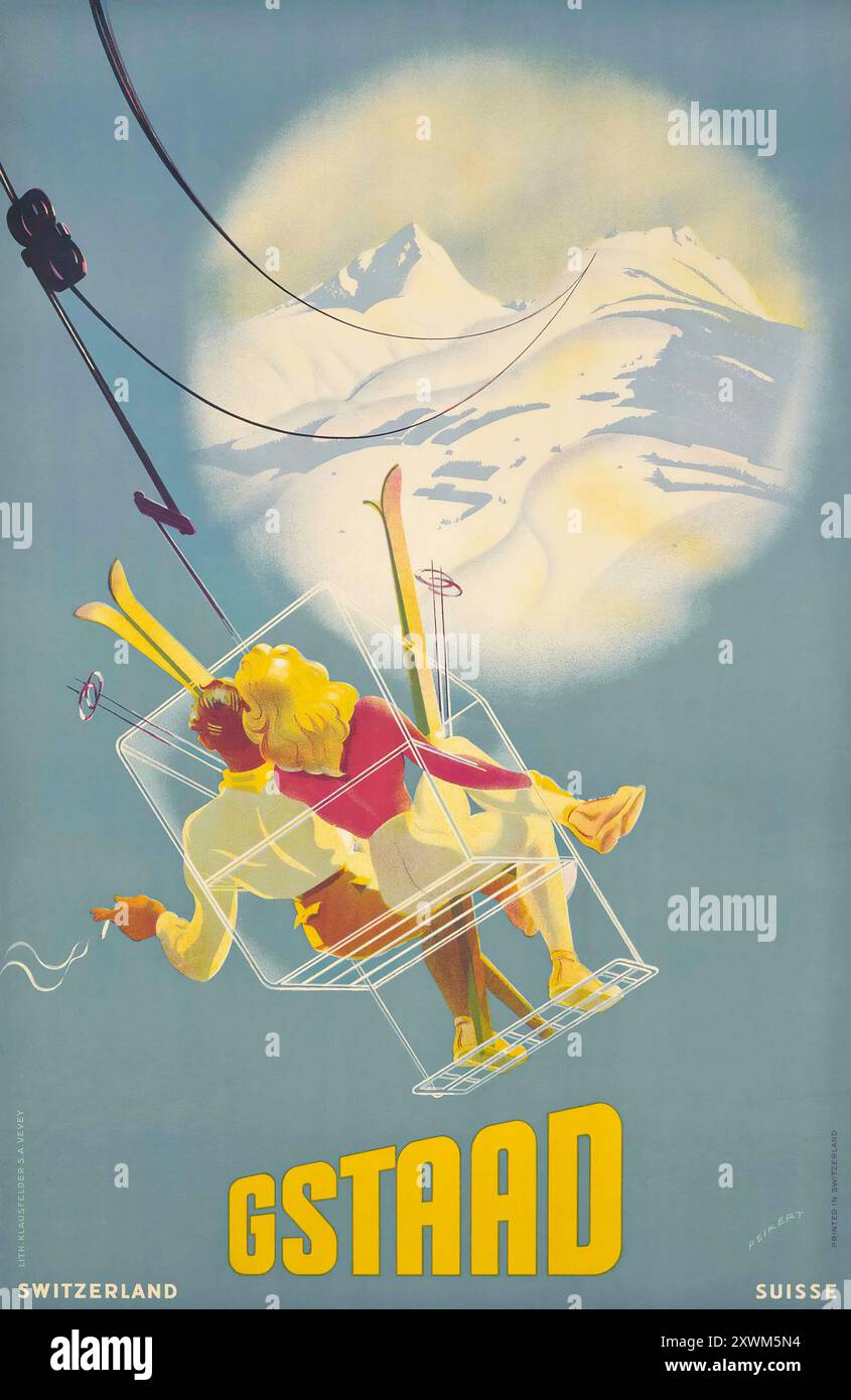 Affiche de voyage vintage pour Gstaad par Martin Peikert feat a couple in a ski lift - Schweiz, Suisse, Suisse Banque D'Images Affiche de voyage vintage pour Gstaad par Martin Peikert feat a couple in a ski lift - Schweiz, Suisse, Suisse Banque D'Images