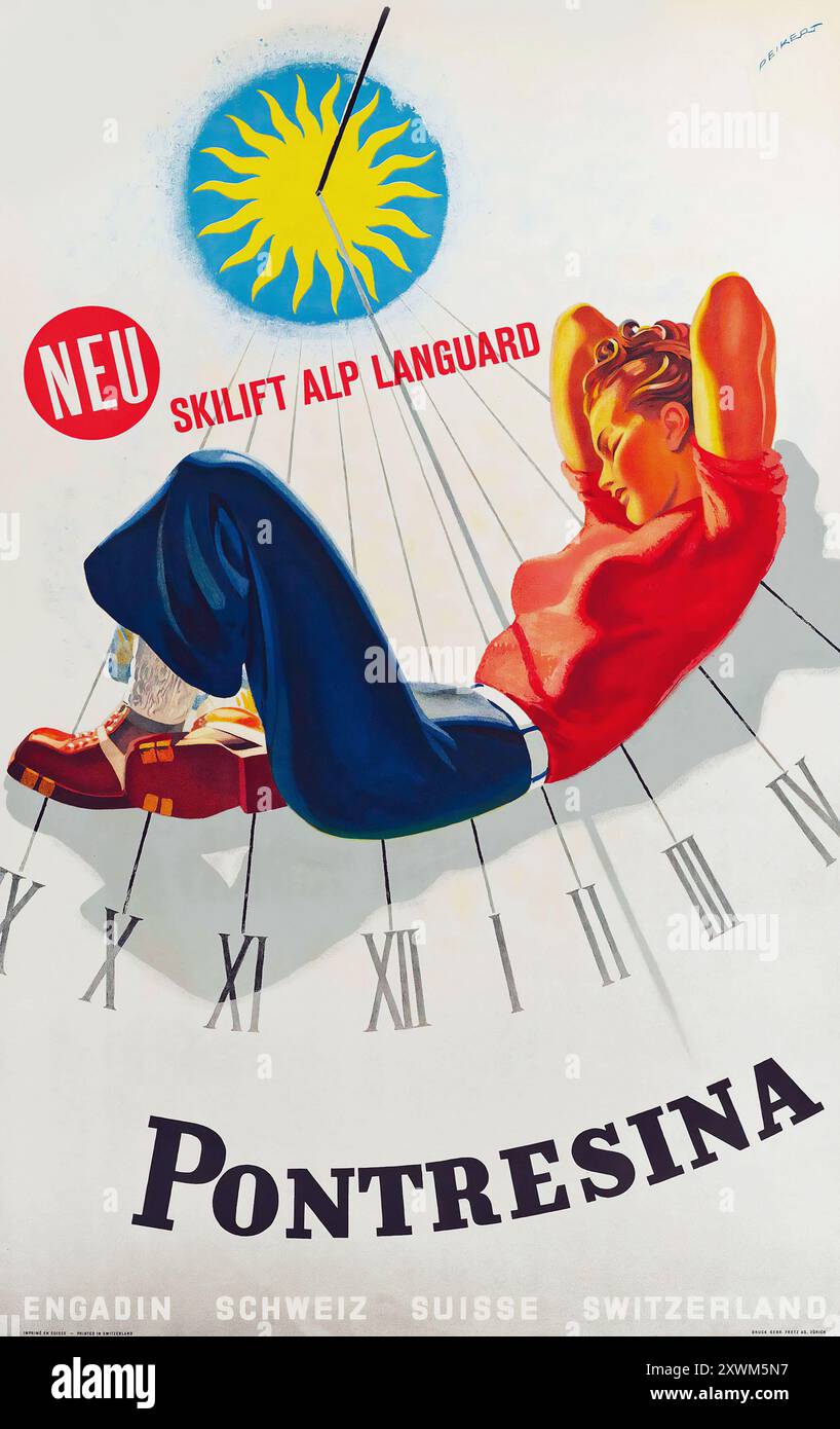Pontresina Engadin, affiche de voyage vintage par Martin Peikert feat a Woman Sun Bathing - c 1943 - Winter Sport, Schweiz, Suisse, Suisse Banque D'Images