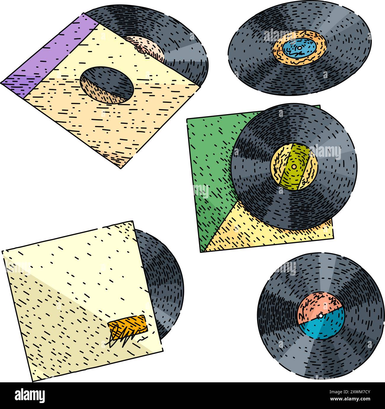 vecteur dessiné à la main par le jeu d'enregistrements vynil Illustration de Vecteur