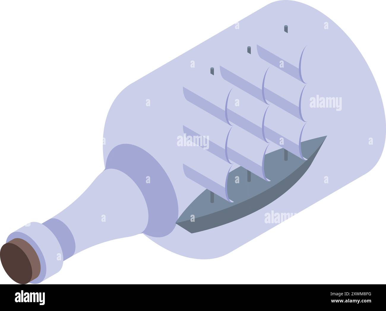 La bouteille en verre contenant un modèle de navire avec des voiles déployées est représentée dans un style minimal Illustration de Vecteur