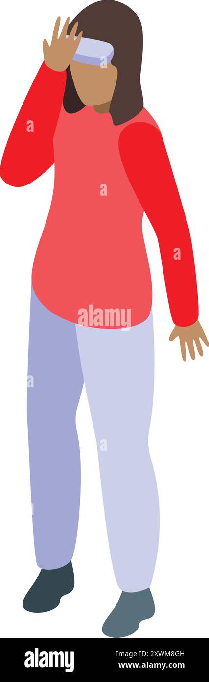 Le personnage féminin éprouve des étourdissements, des nausées et des maux de tête à l'aide d'un casque vr, illustration vectorielle isométrique Illustration de Vecteur