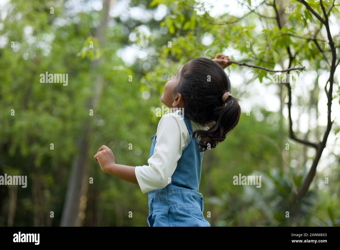 Curious Little Girl explore la forêt verdoyante, ses yeux scintillant d'émerveillement et de joie. Banque D'Images