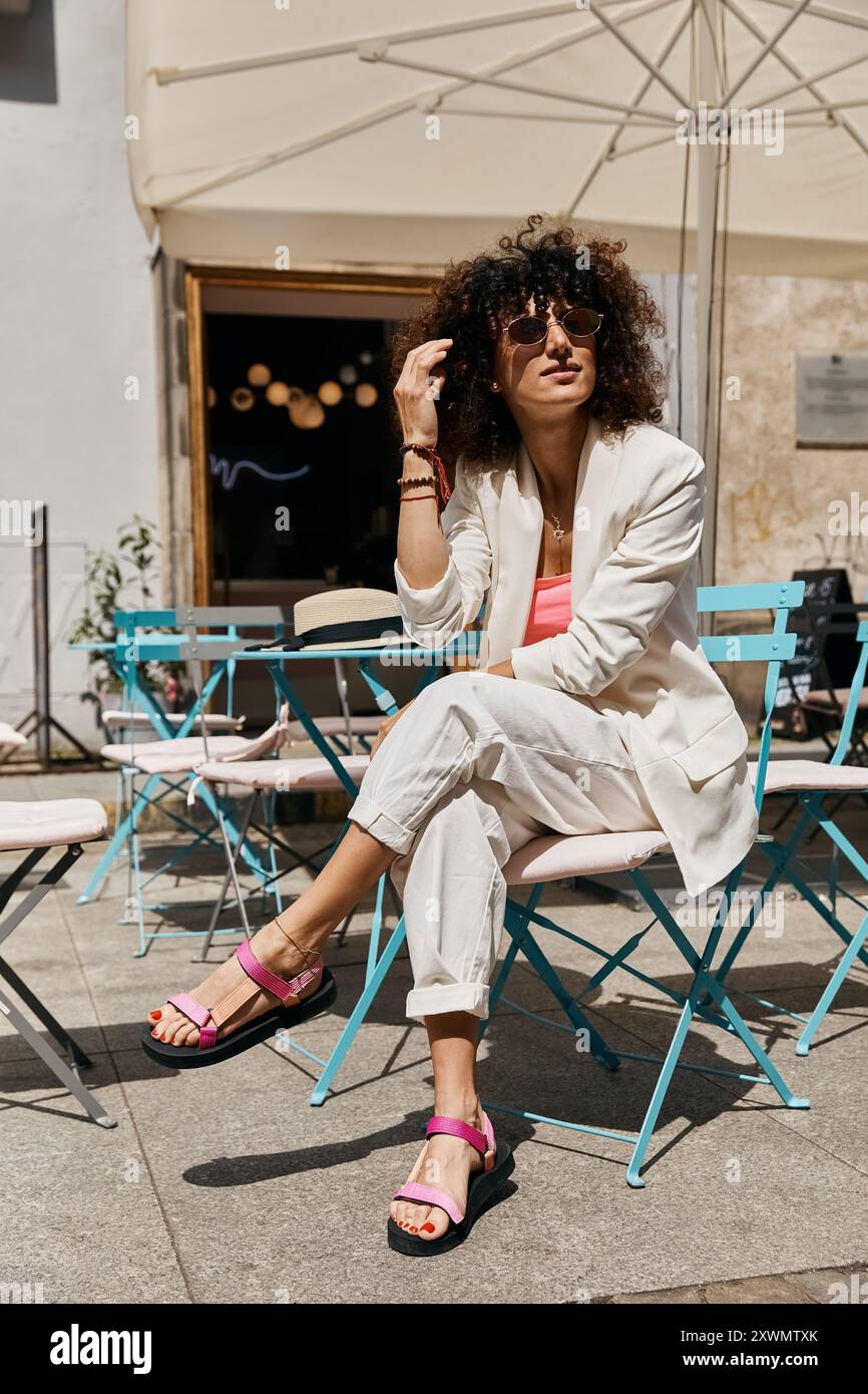 Une femme élégante dans une tenue blanche se trouve dans un café en plein air. Banque D'Images