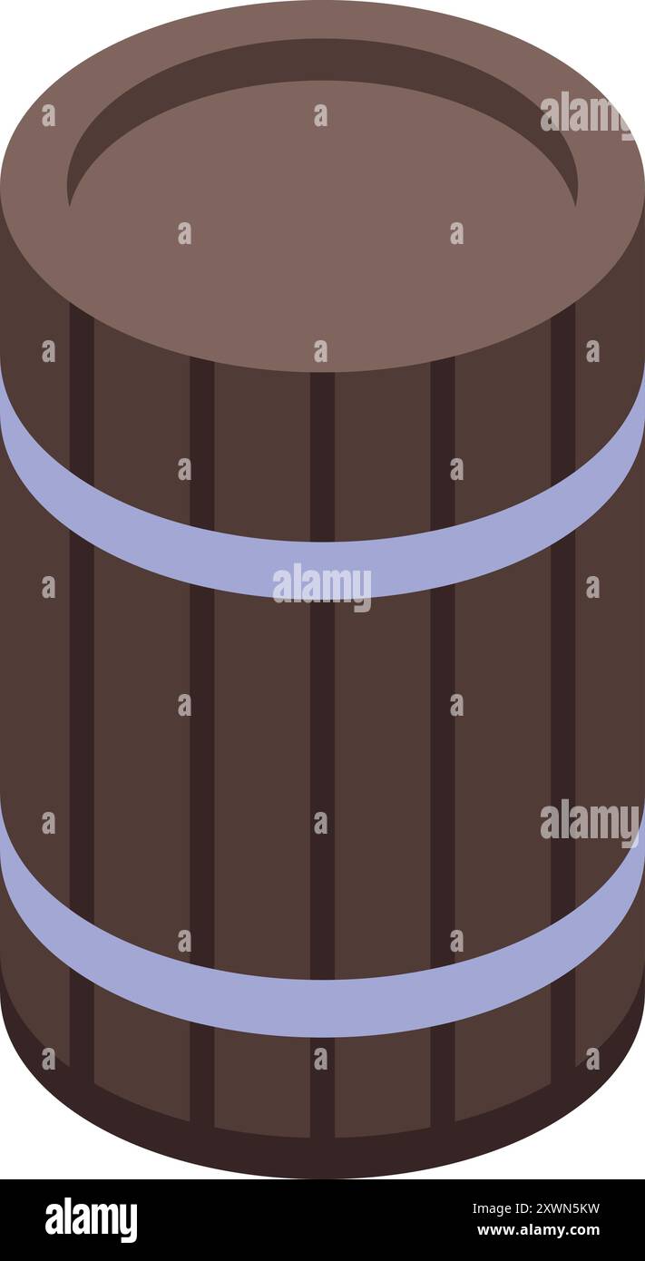 Simple tonneau en bois avec des cerceaux métalliques est debout sur un fond blanc Illustration de Vecteur