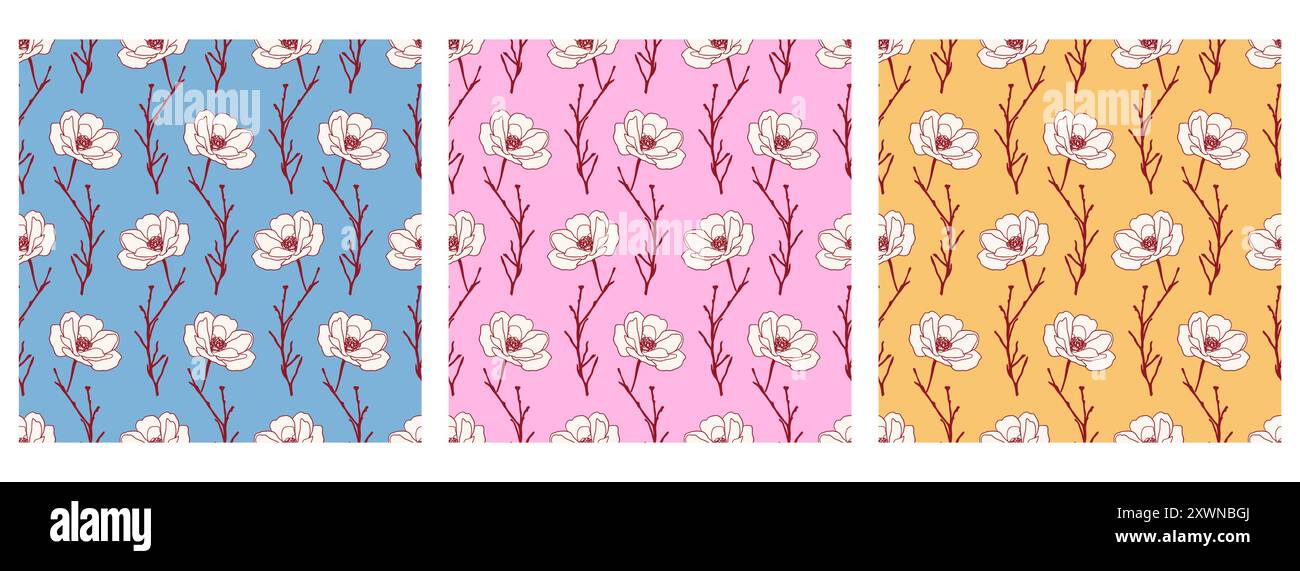Ensemble de motifs sans couture Roses dessinées à la main Illustration de Vecteur