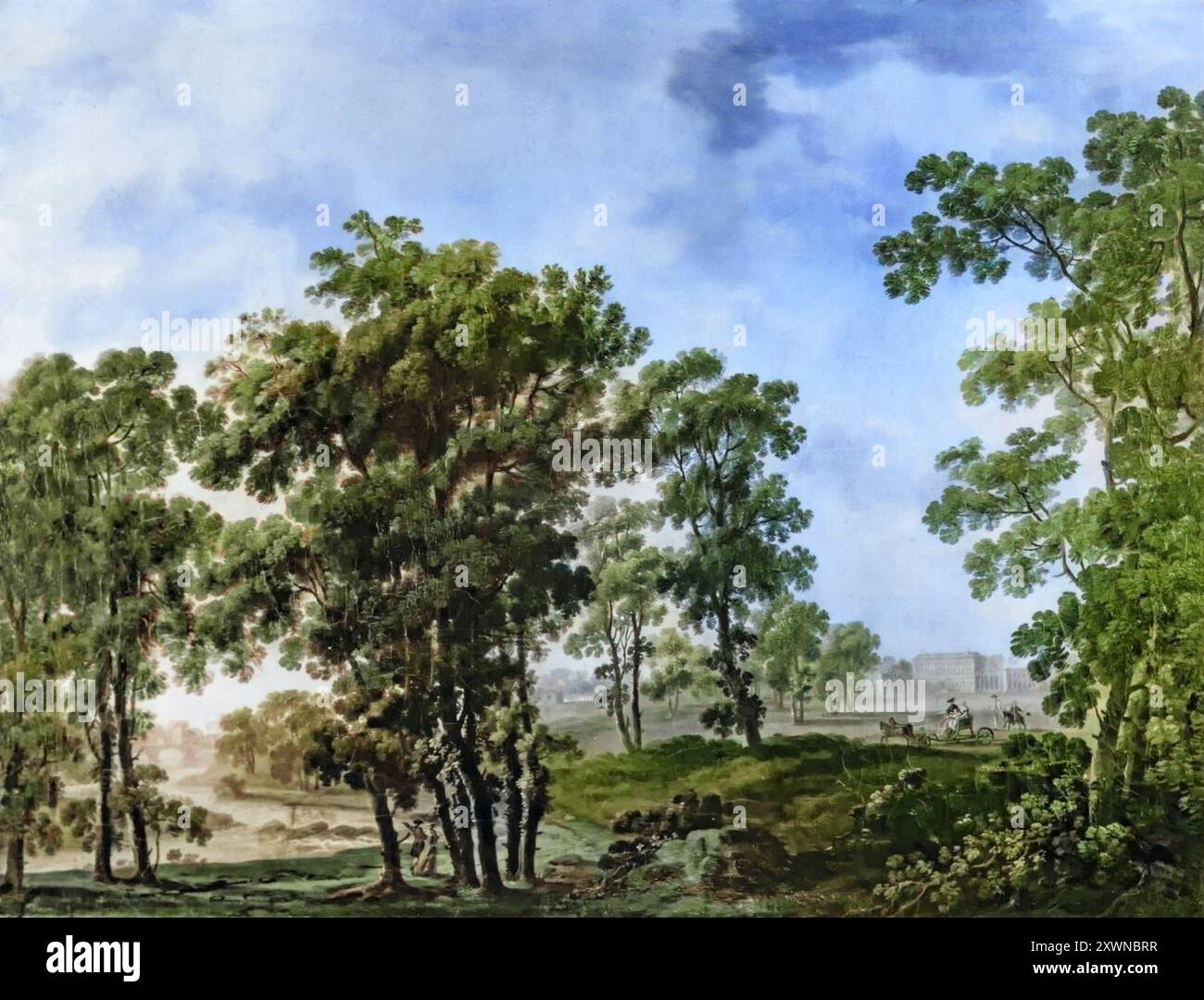 Castletown House au bord de la rivière Liffey à Celbridge, comté de Kildare, Irlande. La maison de campagne palladienne a été construite en 1722 pour William Conolly, le président de la Chambre des communes irlandaise et peinte par George Barret (1732-1784), un paysagiste irlandais. Banque D'Images