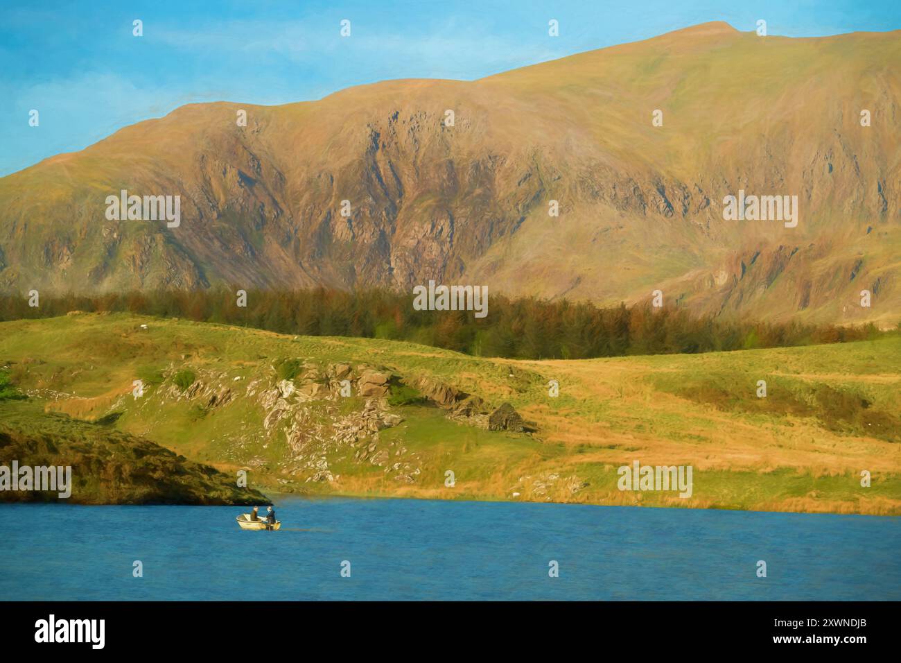 Peinture à l'huile numérique de pêcheurs à la ligne pêchant depuis un bateau sur Llyn Dywarchen dans le parc national d'Eryri, pays de Galles avec Yr Wyddfa au loin. Banque D'Images