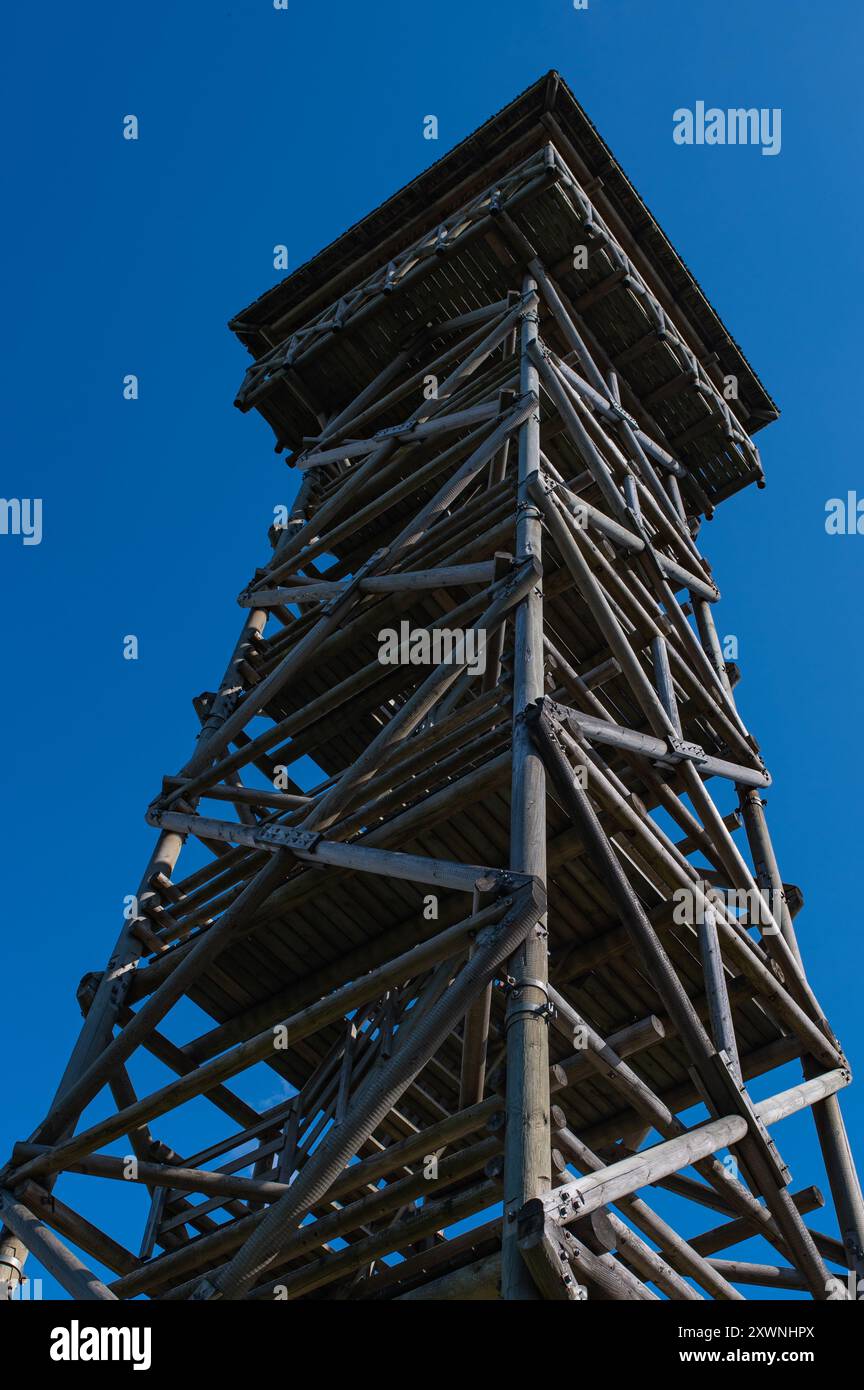Une tour d'observation sur le sentier de randonnée Estonie. Tour de guet pendant la journée claire avec le ciel bleu. Estonie Banque D'Images