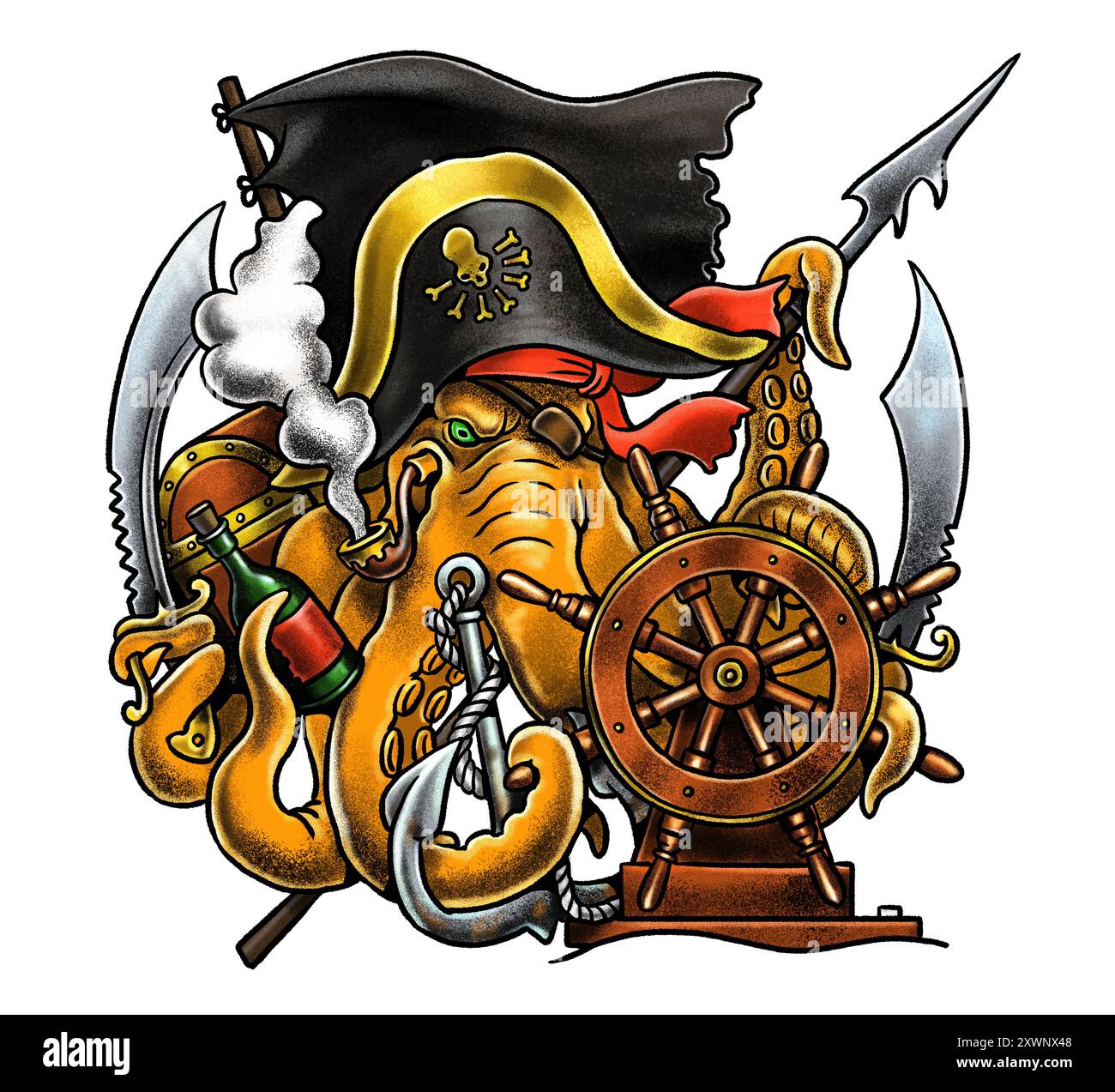 Dessin fait à la main avec un pirate de poulpe. Dessin stylisé dans un design rétro avec du calmar drôle. Banque D'Images