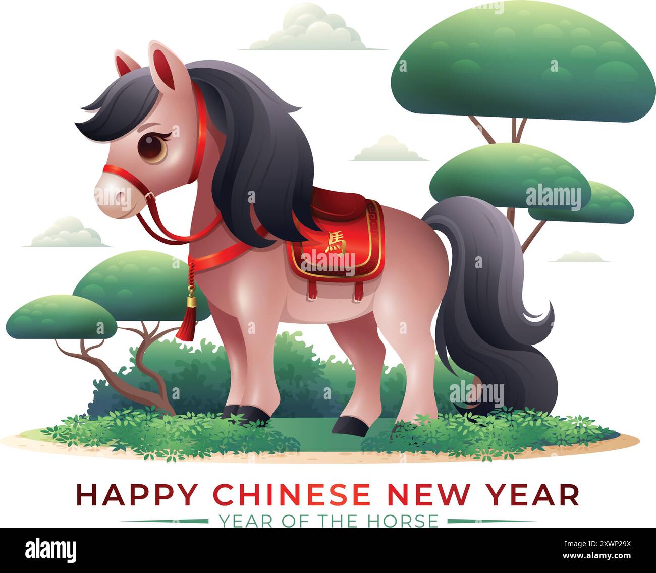 Cheval mignon dans la belle illustration vectorielle de paysage panoramique asiatique, année du signe du cheval. Traduction : cheval Illustration de Vecteur