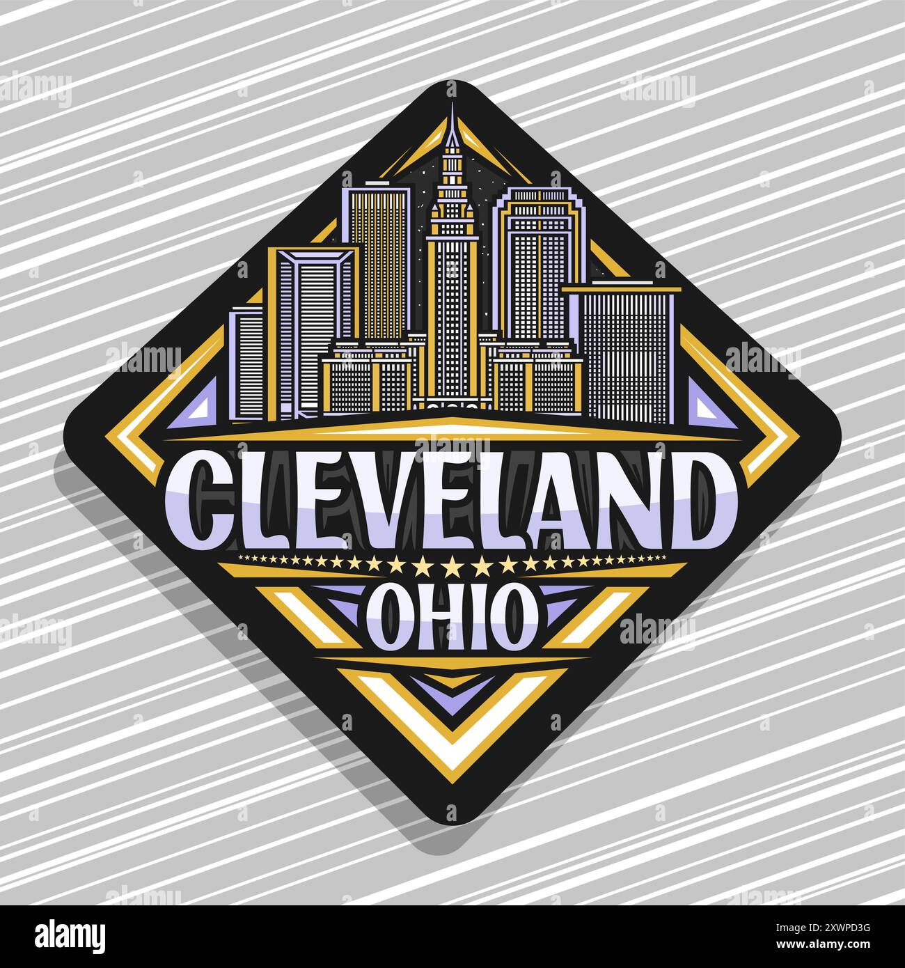 Logo vectoriel pour Cleveland, panneau routier noir décoratif en losange avec illustration en ligne du célèbre paysage urbain de cleveland, aimant de réfrigérateur de conception artistique avec Illustration de Vecteur