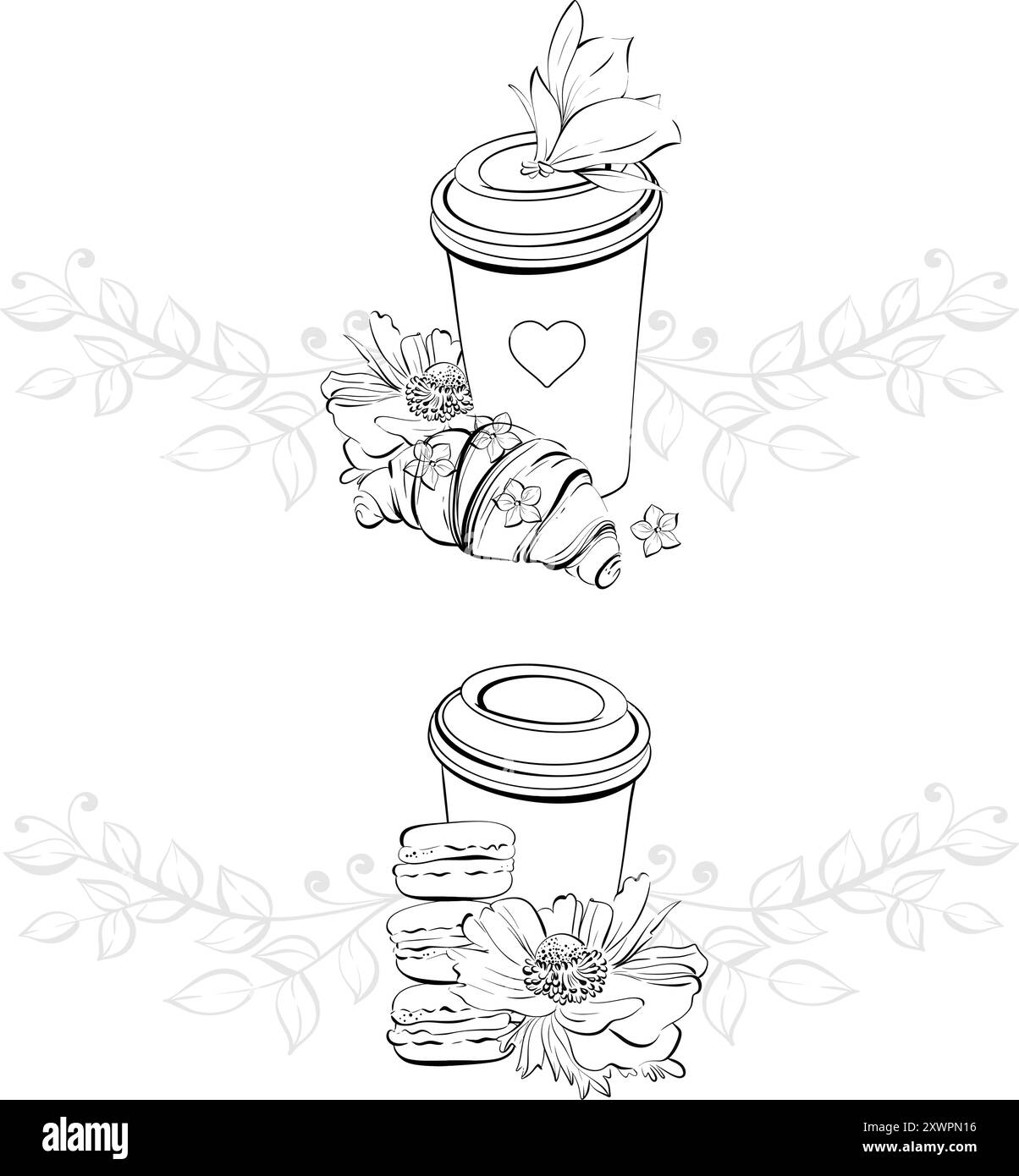 Tasse de papier de bordure de vecteur de café. Dessert pâtissier français - croissants et macarons. Conception de cartes postales, menus, forfaits. Silhouette noire pour circuit Illustration de Vecteur