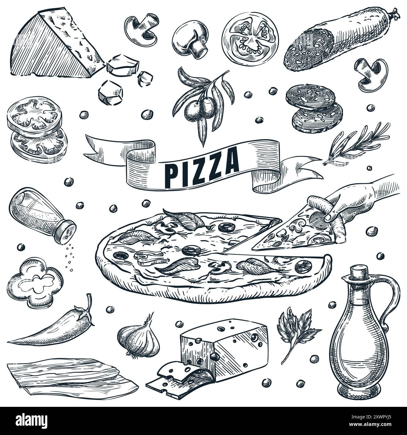 Pizza italienne et ensemble d'ingrédients, isolé sur fond blanc. Illustration d'esquisse vectorielle dessinée à la main. Recettes de cuisine ou Elemen de conception de menu de pizzeria Illustration de Vecteur
