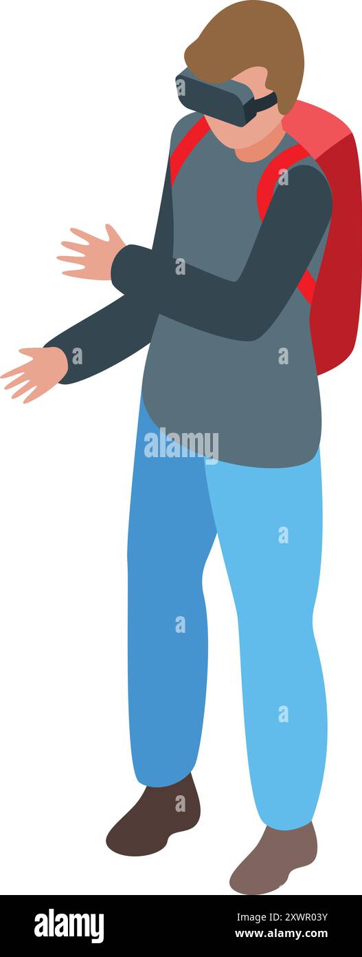 Jeune homme avec sac à dos profite d'une expérience de voyage virtuelle Illustration de Vecteur