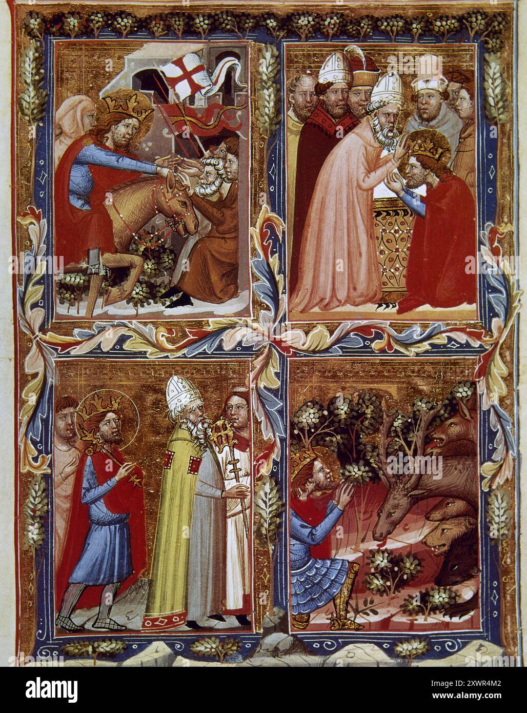 Ladislas I (1040-1095), dit Saint Ladislas. Roi de Hongrie (1077-1095). Il a été canonisé le 27 juin 1192 par le pape Célestine III scènes de la vie de nouveaux Ladislaus. Miniatures du manuscrit gothique 'Anjou Legendarium'. Folio 80r. Daté vers 1325-1335. Bibliothèque apostolique du Vatican. Banque D'Images