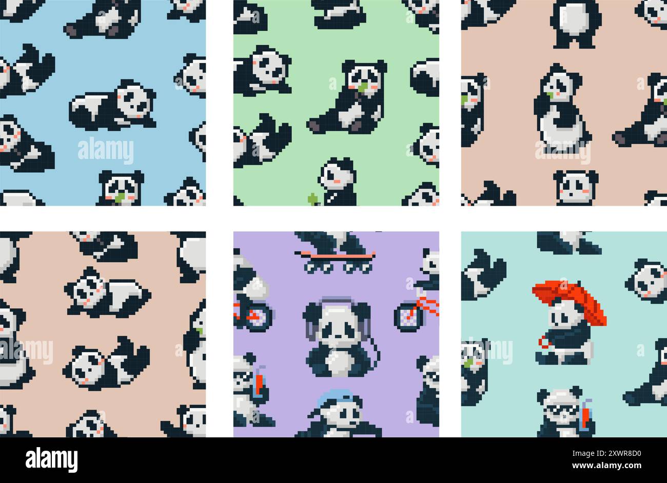 Pixel art panda Bear motif sans couture. Jolis pandas rétro 8 bits, motif imprimé animal kawaii pour papier d'emballage, papiers peints enfants ou tissus d'habillement Illustration de Vecteur