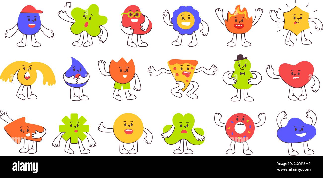 Mascottes de dessin animé de forme abstraite mignonnes. Personnages caricaturaux anthropomorphes avec expressions faciales et gestes de la main, formes ludiques poses pour les enfants Illustration de Vecteur