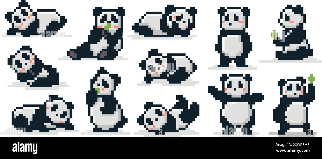 Ours panda Pixel art. Mignon rétro 8 bits pandas pixelated animal mascotte dans diverses poses, autocollants rétro de style jeu vidéo des années 90. Ours chinois en bambou Illustration de Vecteur