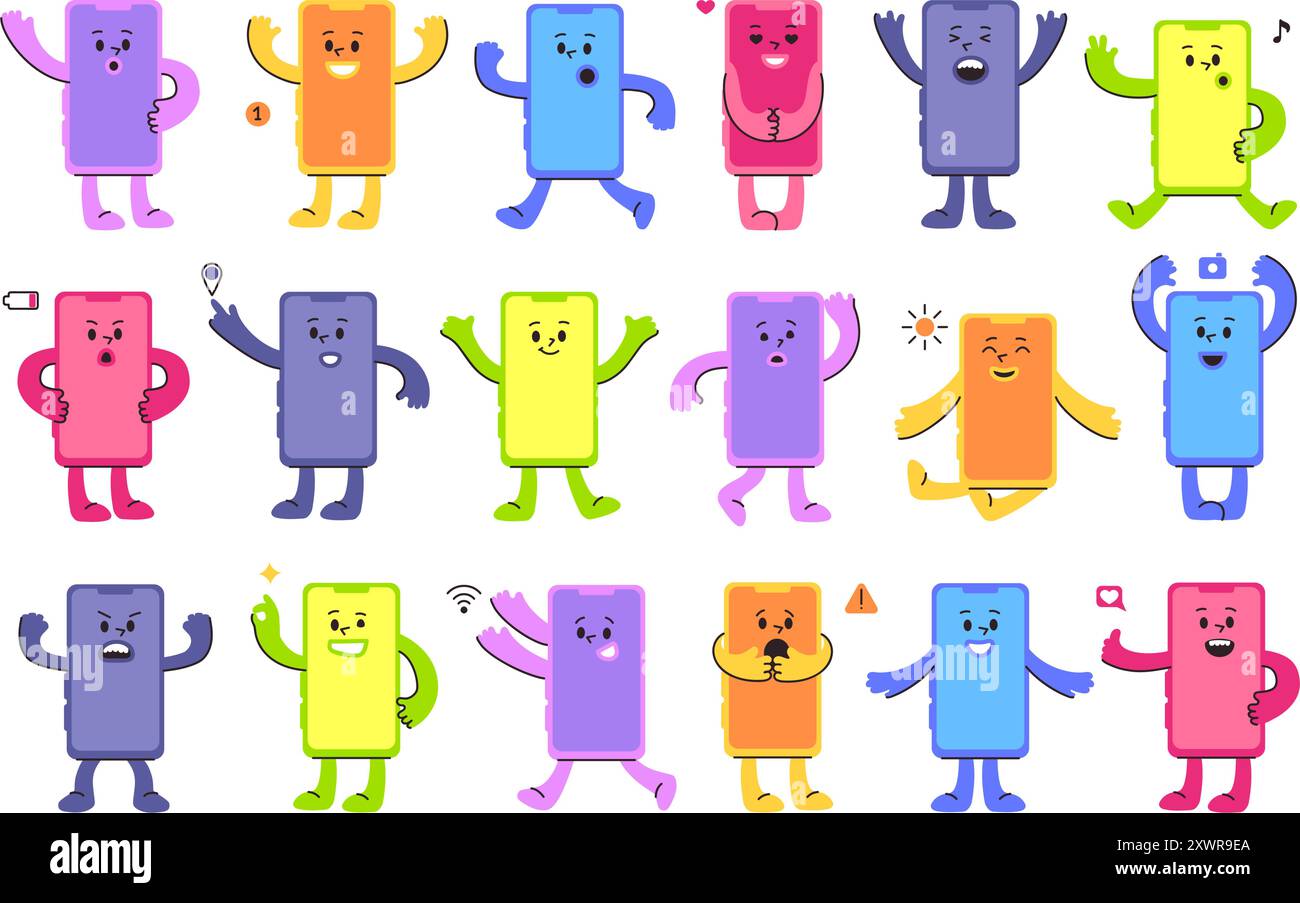 Mascottes de téléphone mobile de dessin animé mignons. Personnages de smartphone avec diverses expressions faciales et poses d'action. Vecteur ludique de téléphones colorés Illustration de Vecteur