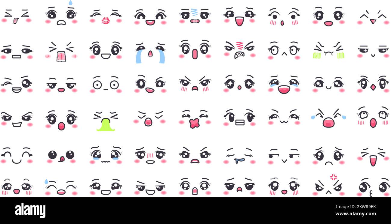 Visages chibi mignons. Expressions faciales animées Kawaii, émotions faciales de style manga et grands yeux de caractère, bouche et sourcils. Emotes asiatiques de dessins animés Illustration de Vecteur