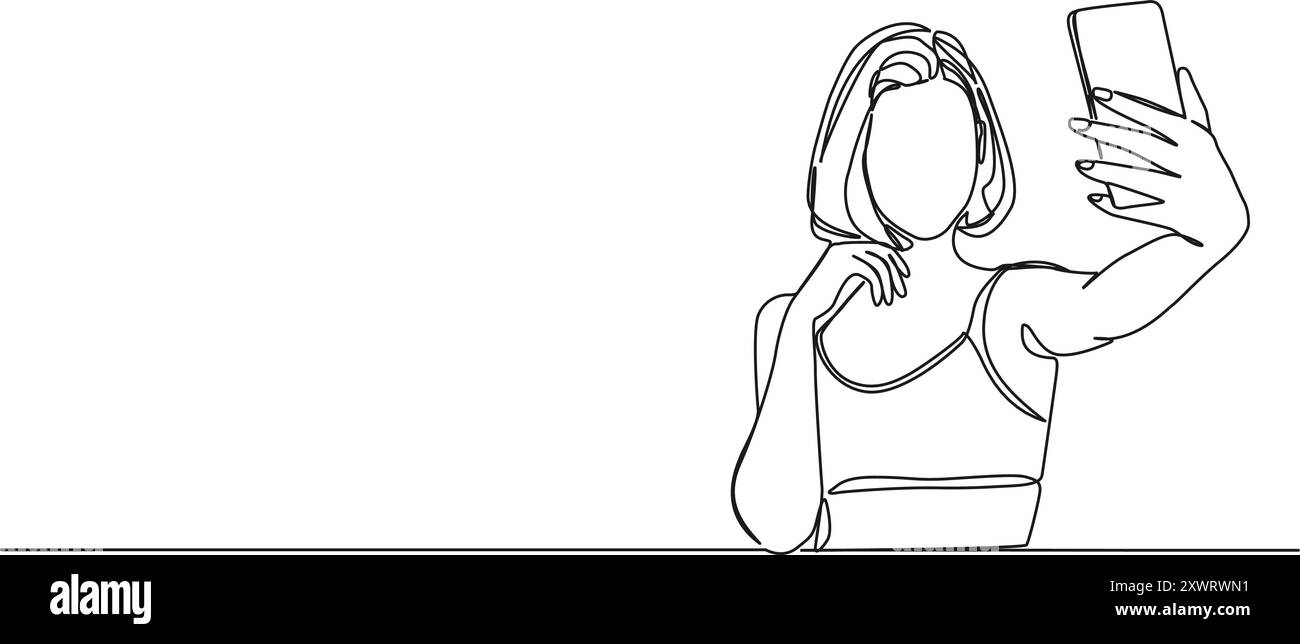 dessin continu d'une seule ligne de femme prenant selfie avec smartphone, illustration vectorielle d'art au trait Illustration de Vecteur