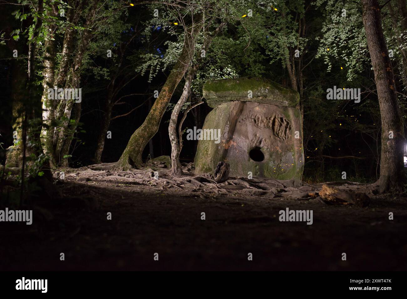 Un ancien dolmen illuminé dans une forêt mystique la nuit, situé dans la région de Gelendzhik près de la mer Noire, Russie. Cette scène sereine évoque des sentiments de mystère, d'histoire et d'exploration. Banque D'Images