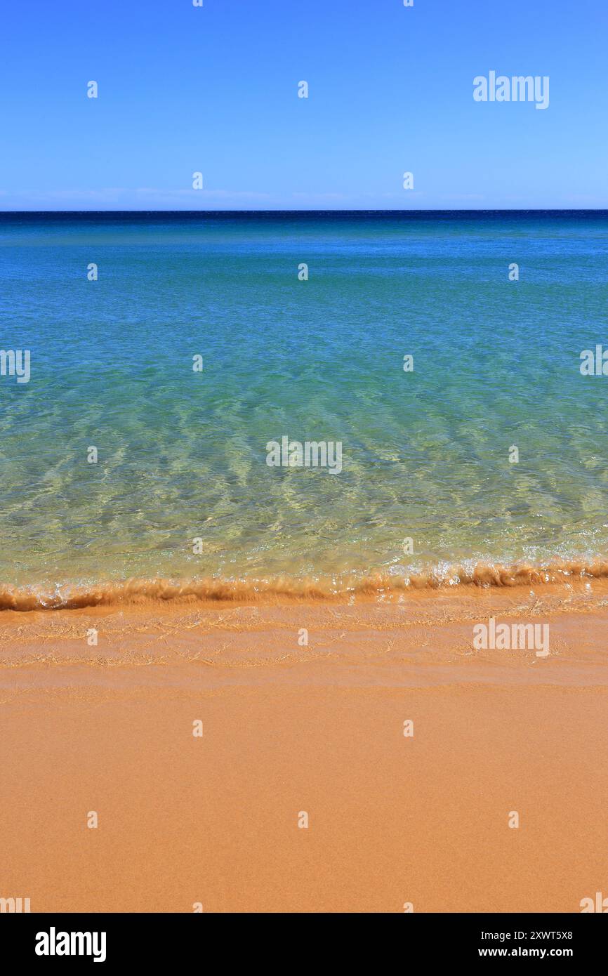 Portugal, Algarve. Magnifique océan Atlantique turquoise avec de l'eau cristalline se lavant sur une plage déserte avec du sable doré poudreux. Ciel bleu. Banque D'Images